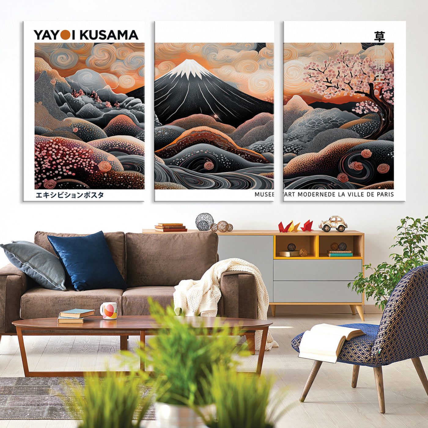 63125329-MGV-CV-36X24-Modern Japanese Wall Art Canvas Print – Framed Yayoi Kusama Abstract Mount Fuji Artwork for Home or Office, Living Room