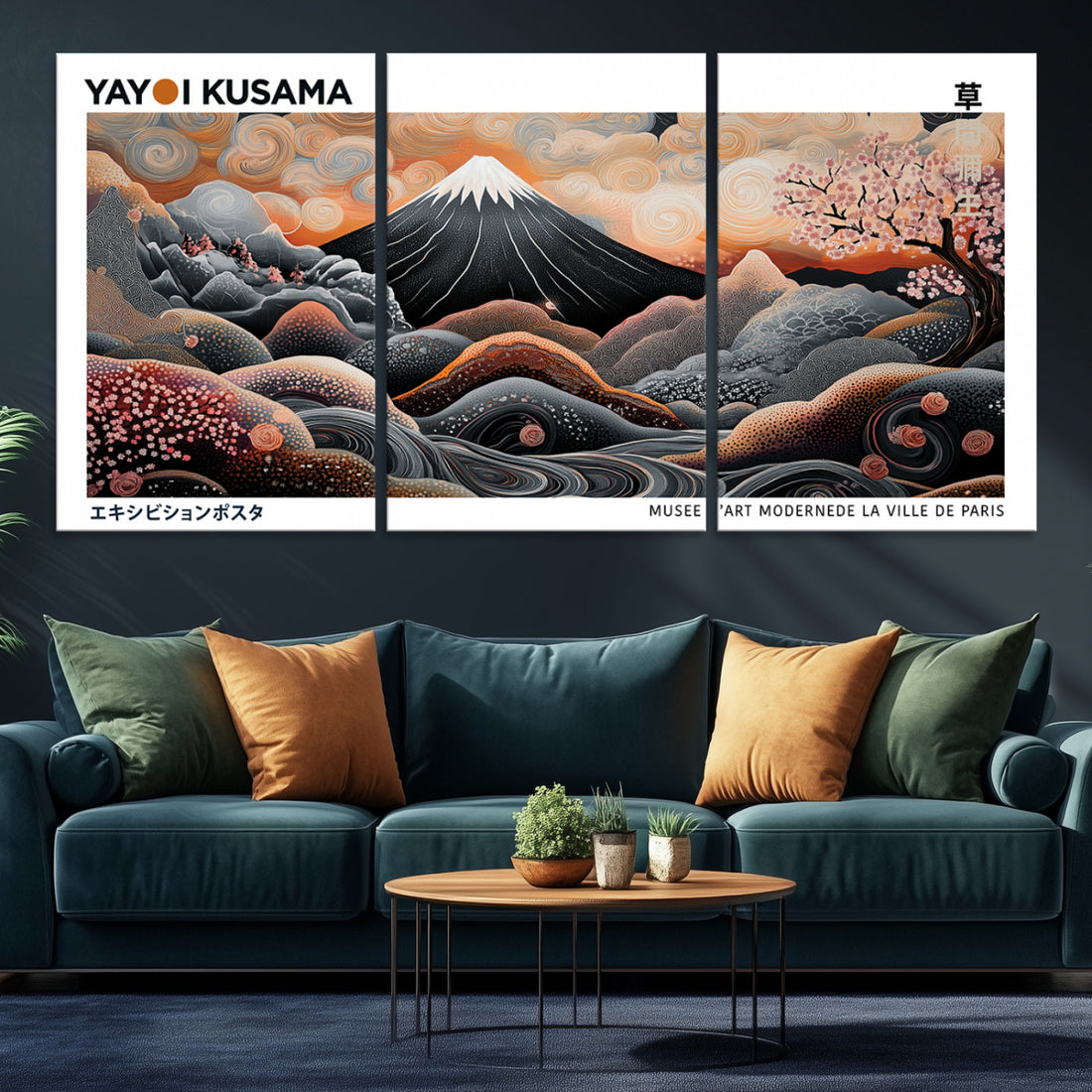 Modern Japanese Wall Art Canvas Print, Yayoi Kusama Wall Art, Framed Abstract Mount Fuji Print