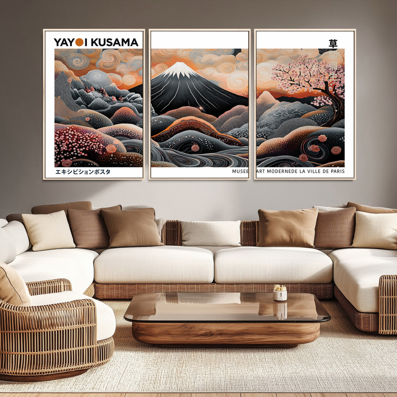-Modern Japanese Wall Art Print, Yayoi Kusama Wall Art Print, Abstract Mount Fuji Canvas Print