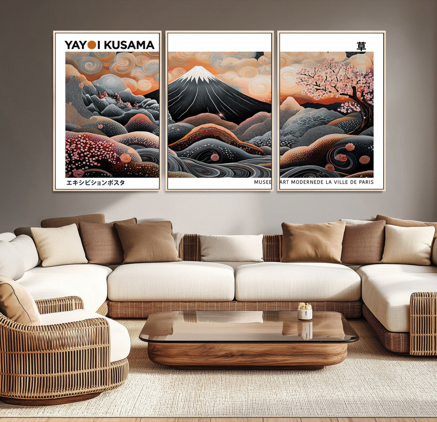 63125329-MGV-CV-36X24-Modern Japanese Wall Art Canvas Print – Framed Yayoi Kusama Abstract Mount Fuji Artwork for Home or Office, Living Room