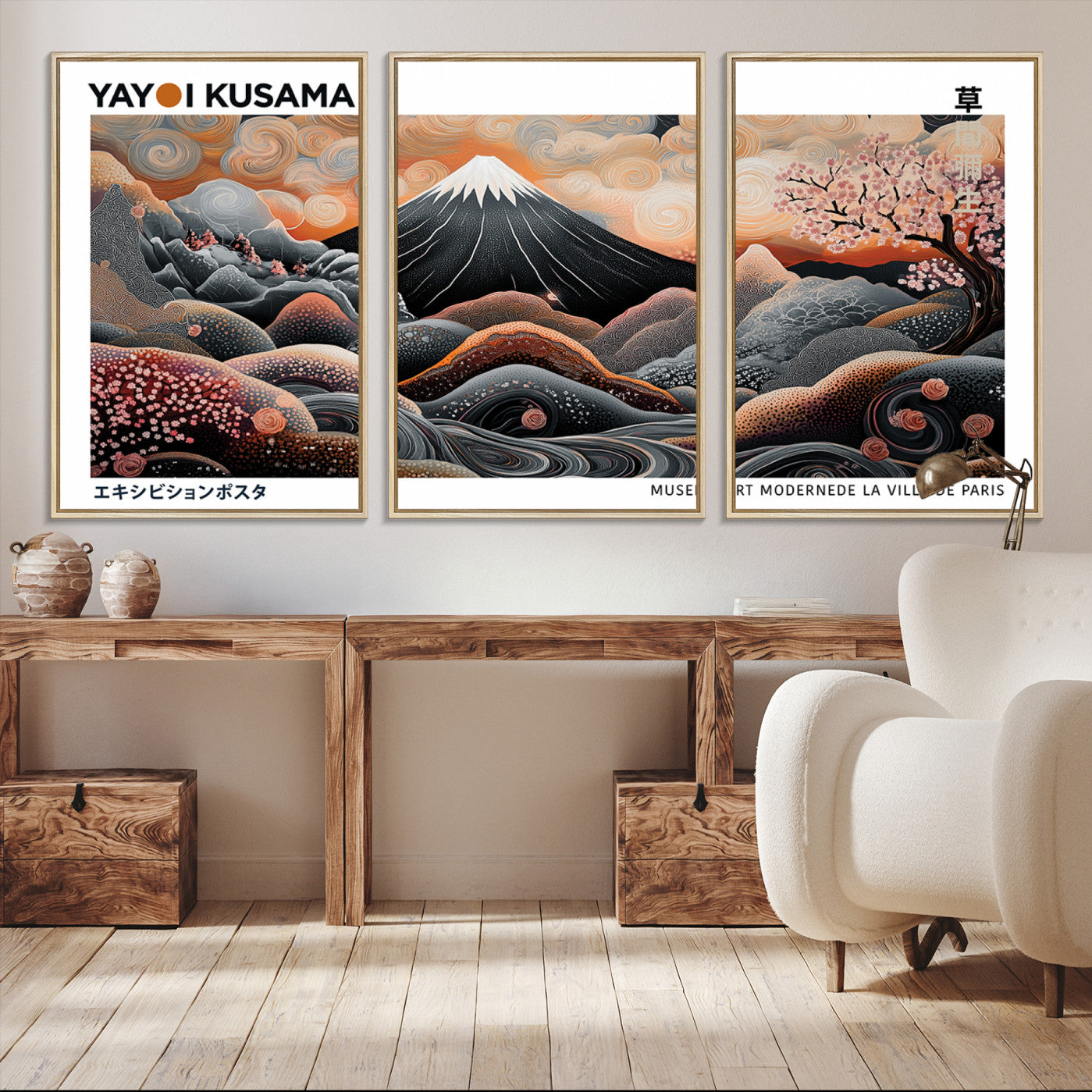 -Modern Japanese Wall Art Print, Yayoi Kusama Wall Art Print, Abstract Mount Fuji Canvas Print
