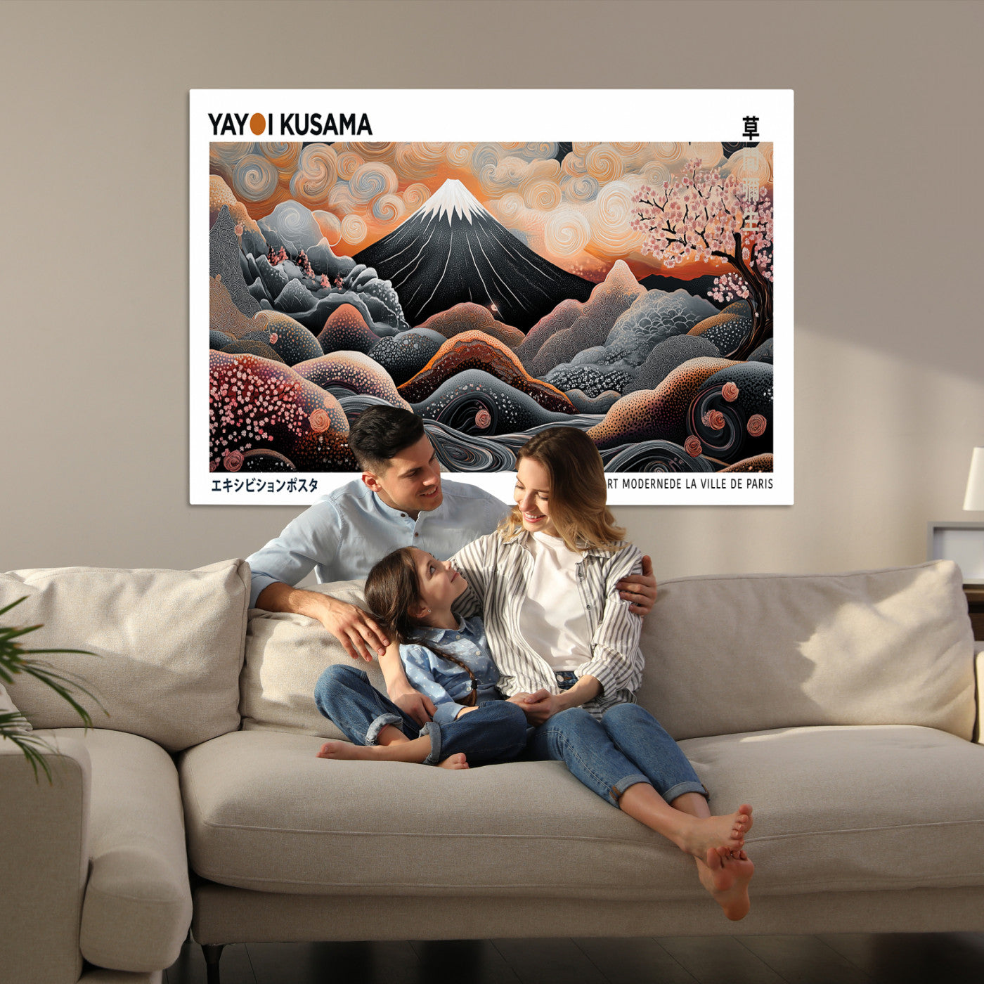 63125329-MGV-CV-36X24-Modern Japanese Wall Art Canvas Print – Framed Yayoi Kusama Abstract Mount Fuji Artwork for Home or Office, Living Room