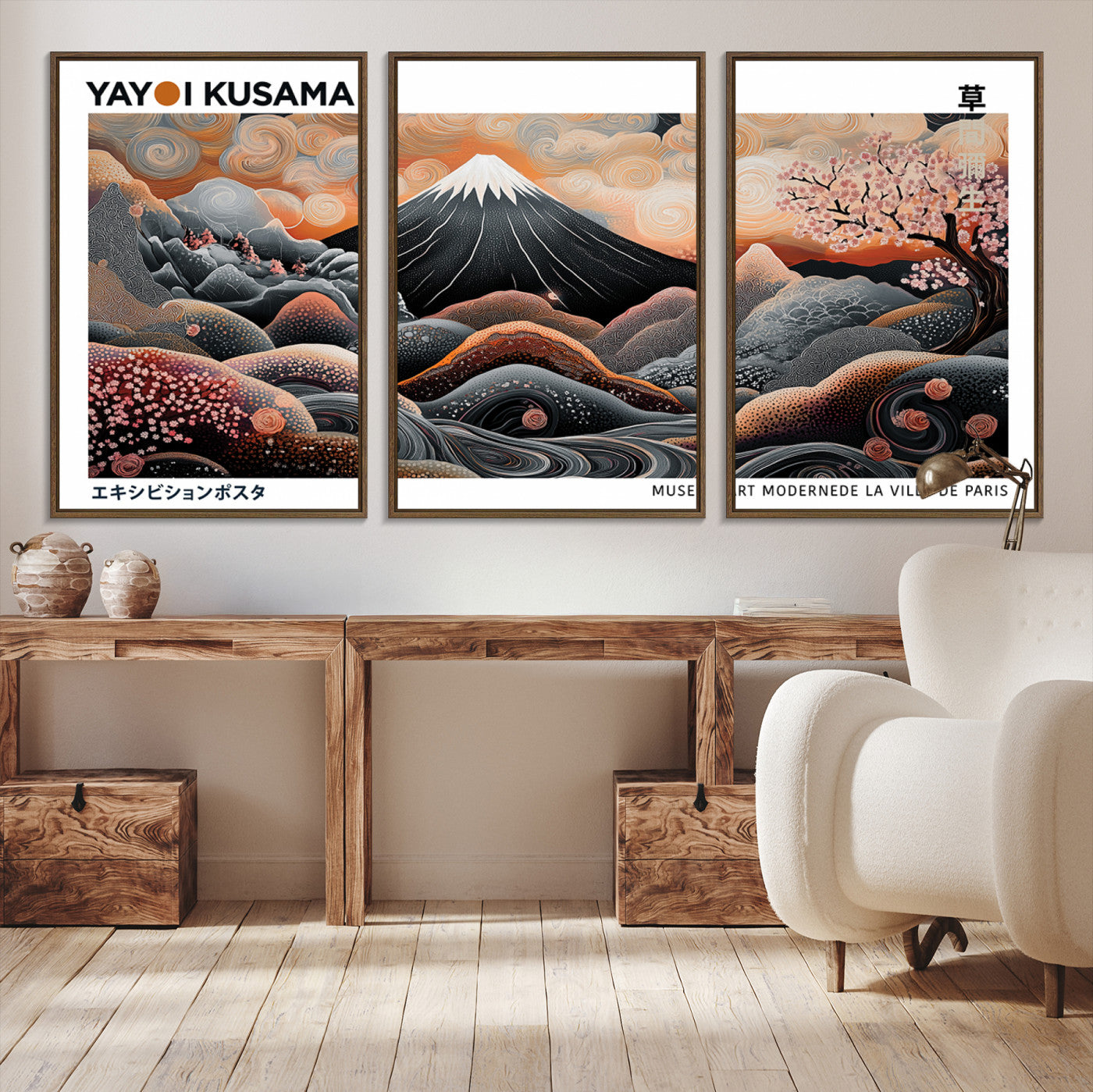 63125329-MGV-CV-36X24-Modern Japanese Wall Art Canvas Print – Framed Yayoi Kusama Abstract Mount Fuji Artwork for Home or Office, Living Room