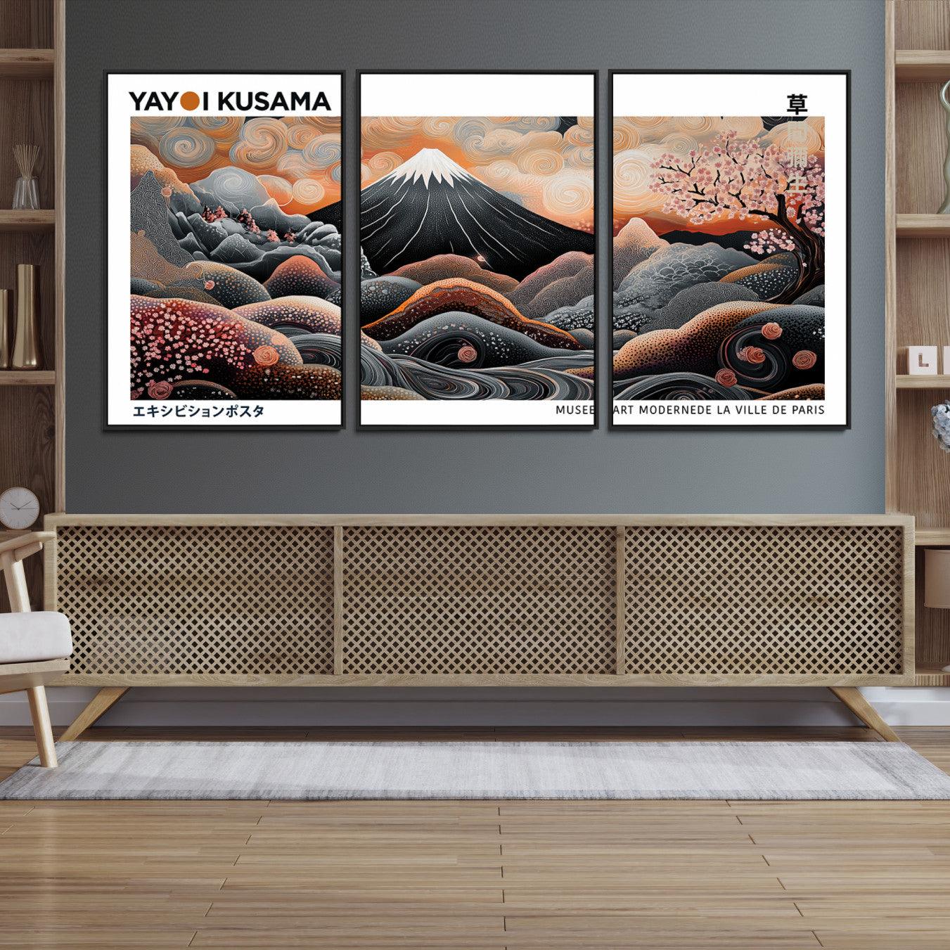 -Modern Japanese Wall Art Print, Yayoi Kusama Wall Art Print, Abstract Mount Fuji Canvas Print