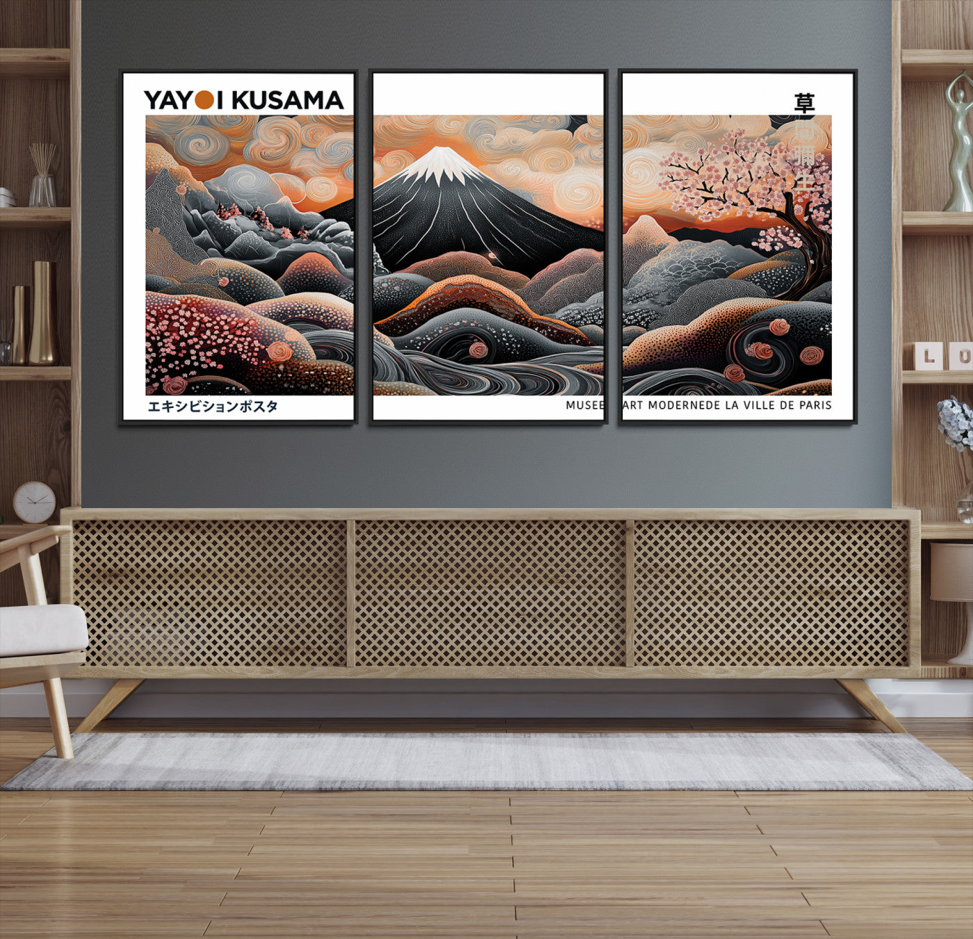63125329-MGV-CV-36X24-Modern Japanese Wall Art Canvas Print – Framed Yayoi Kusama Abstract Mount Fuji Artwork for Home or Office, Living Room