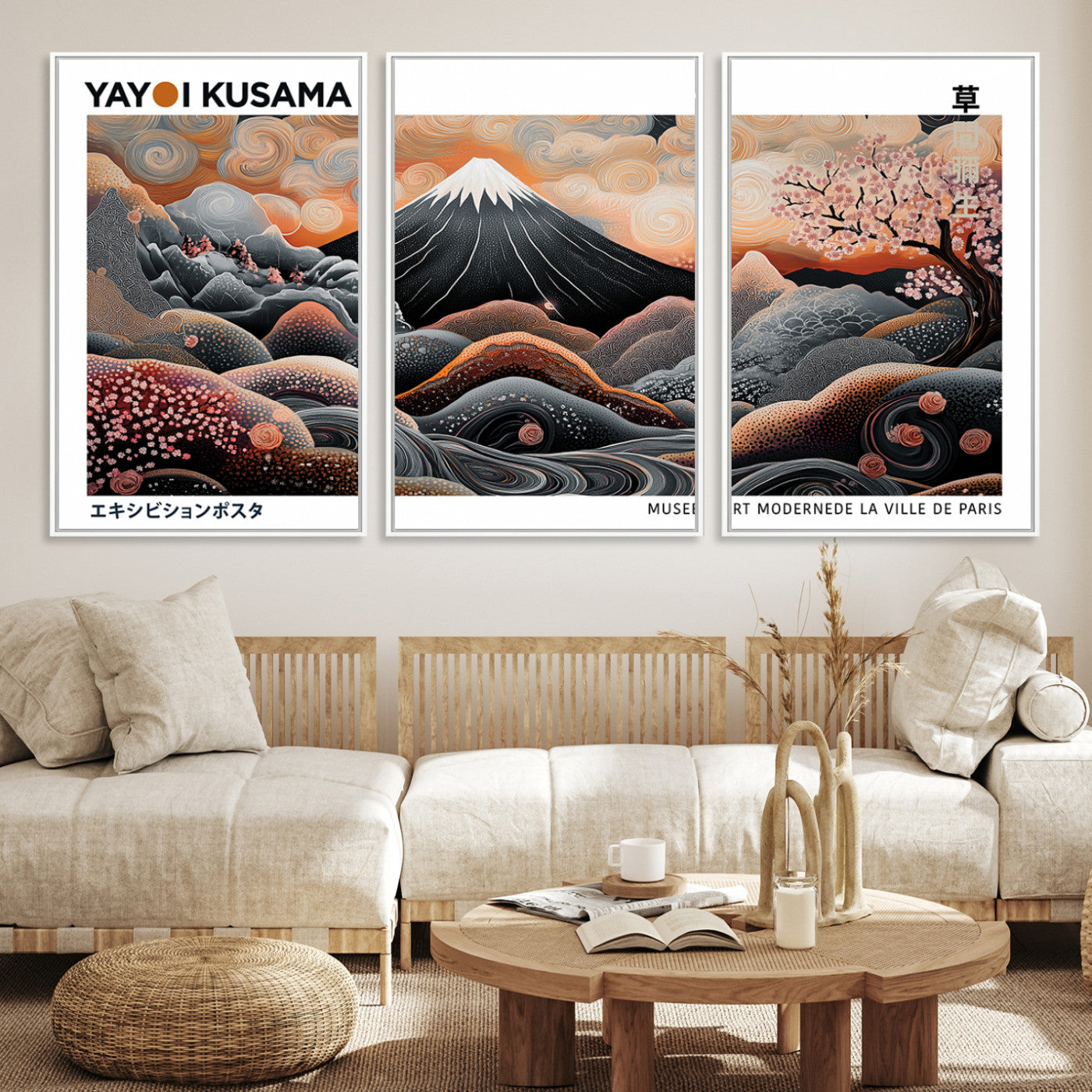 -Modern Japanese Wall Art Print, Yayoi Kusama Wall Art Print, Abstract Mount Fuji Canvas Print