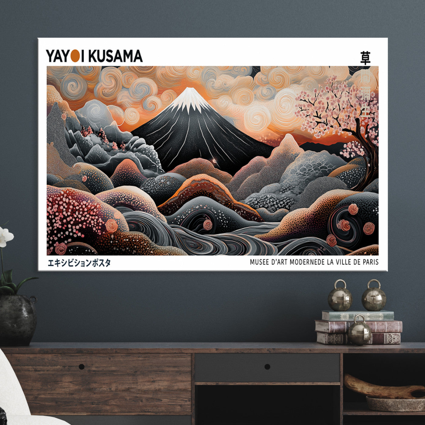 63125329-MGV-CV-36X24-Modern Japanese Wall Art Canvas Print – Framed Yayoi Kusama Abstract Mount Fuji Artwork for Home or Office, Living Room