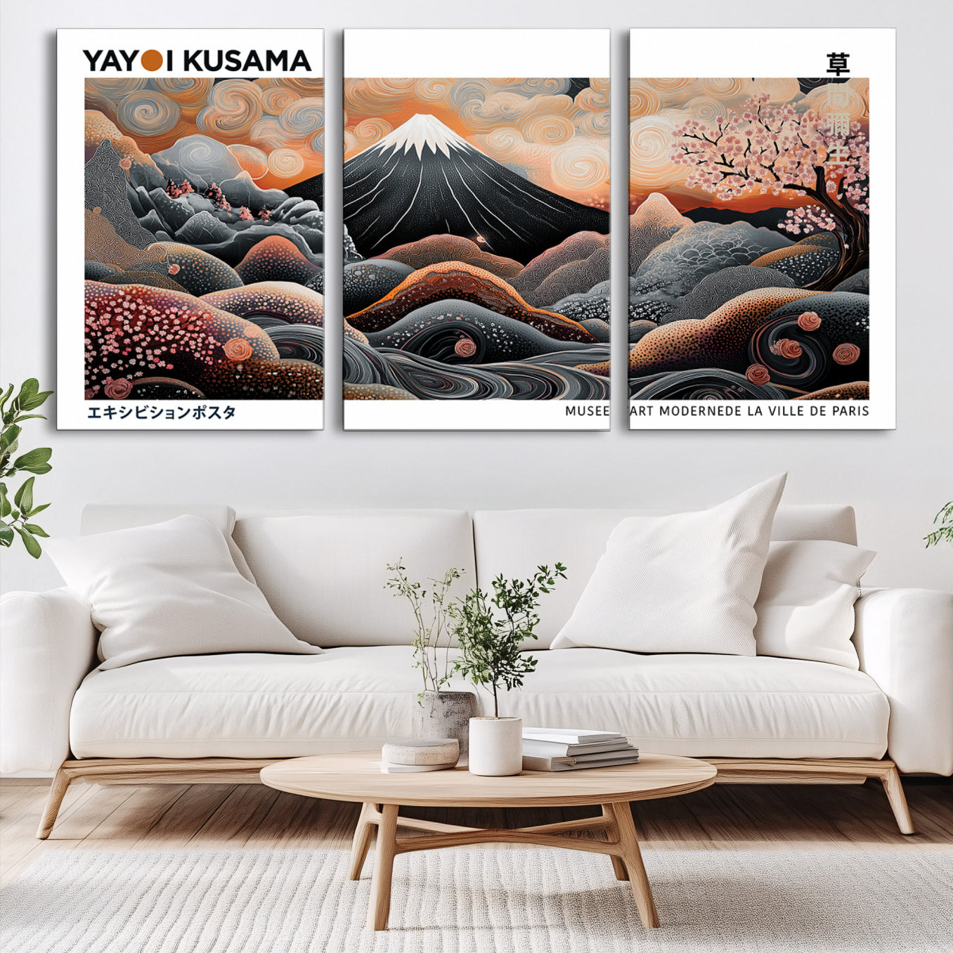63125329-MGV-CV-60X30-3P-Modern Japanese Wall Art Canvas Print – Framed Yayoi Kusama Abstract Mount Fuji Artwork for Home or Office, Living Room
