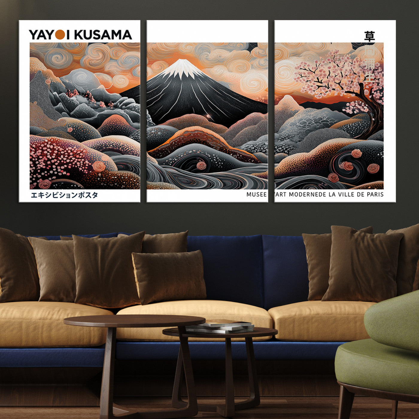 63125329-MGV-CV-36X24-Modern Japanese Wall Art Canvas Print – Framed Yayoi Kusama Abstract Mount Fuji Artwork for Home or Office, Living Room