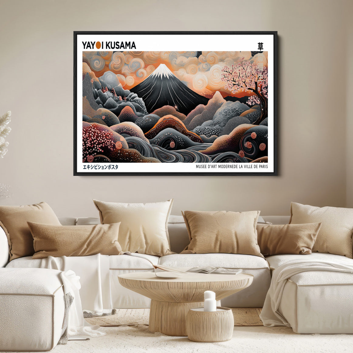63125329-MGV-FC-36X24_Black-Modern Japanese Wall Art Canvas Print – Framed Yayoi Kusama Abstract Mount Fuji Artwork for Home or Office, Living Room