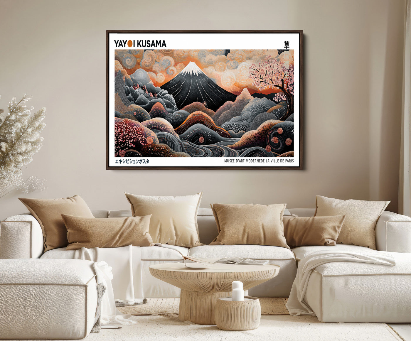 63125329-MGV-FC-36X24_Walnut-Modern Japanese Wall Art Canvas Print – Framed Yayoi Kusama Abstract Mount Fuji Artwork for Home or Office, Living Room
