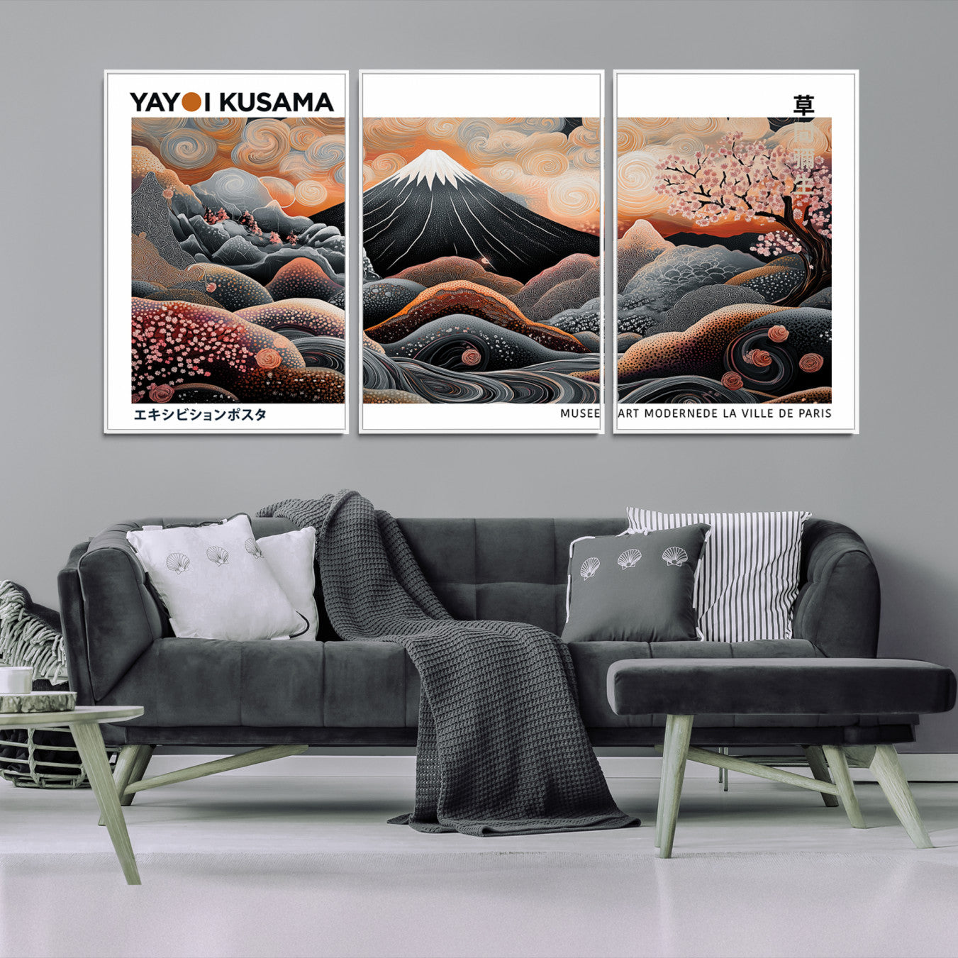 63125329-MGV-FC-60X30-3P_White-Modern Japanese Wall Art Print, Yayoi Kusama Wall Art Print, Abstract Mount Fuji Canvas Print