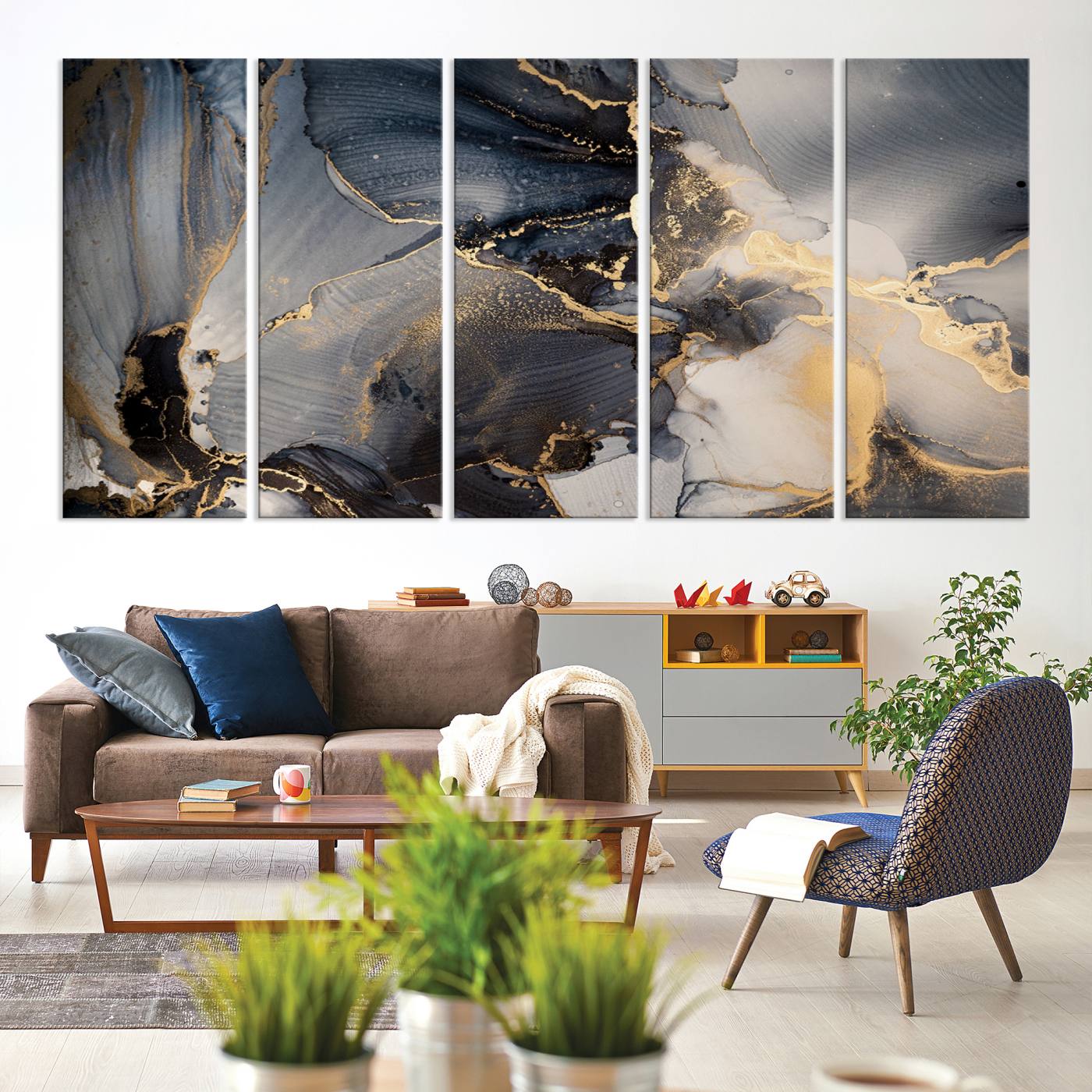 24068-MGV-CV-60X31-5P-Modern Marble Fluid Effect Wall Art Abstract Canvas Wall Art Print