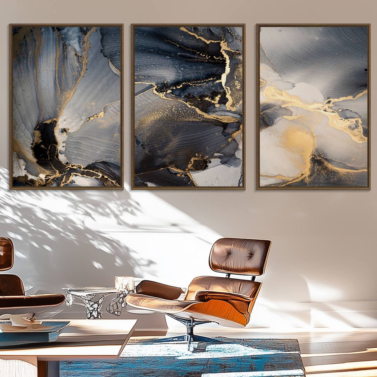 24068-MGV-FC-60X30-3P_Walnut-Modern Marble Fluid Effect Wall Art Abstract Canvas Wall Art Print