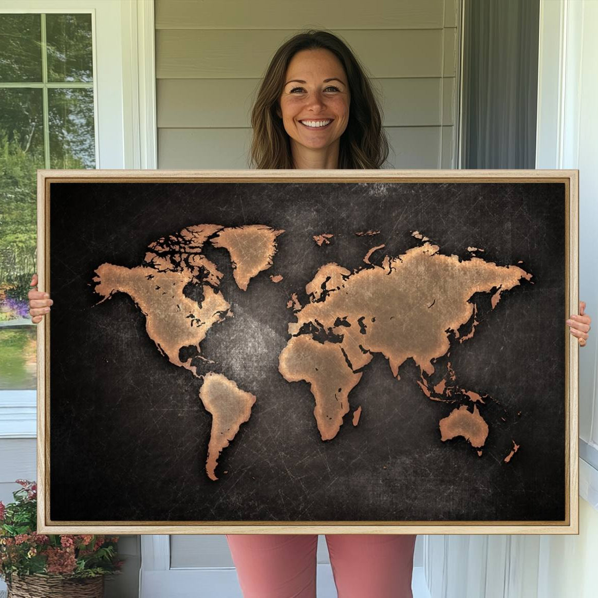 -Push Pin World Map Canvas Print – Framed Wall Art for Couples to Track Their Travels – Anniversary