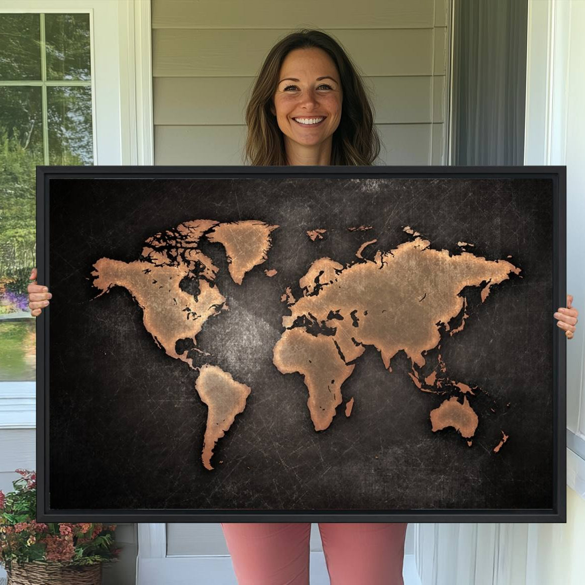 -Push Pin World Map Canvas Print – Framed Wall Art for Couples to Track Their Travels – Anniversary
