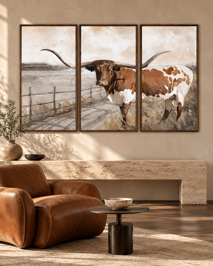Vintage Texas Cow Wall Art Canvas Print, Rustic Longhorn