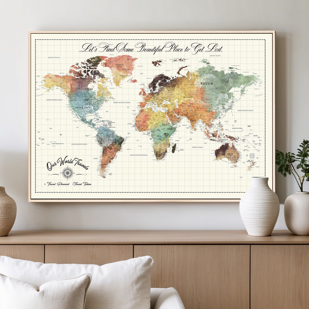 Rehber01-MGV-CV-36X24-Custom Framed World Map Canvas Print Personalized Push Pin Travel Tracker Gift for Couples for Home, Office