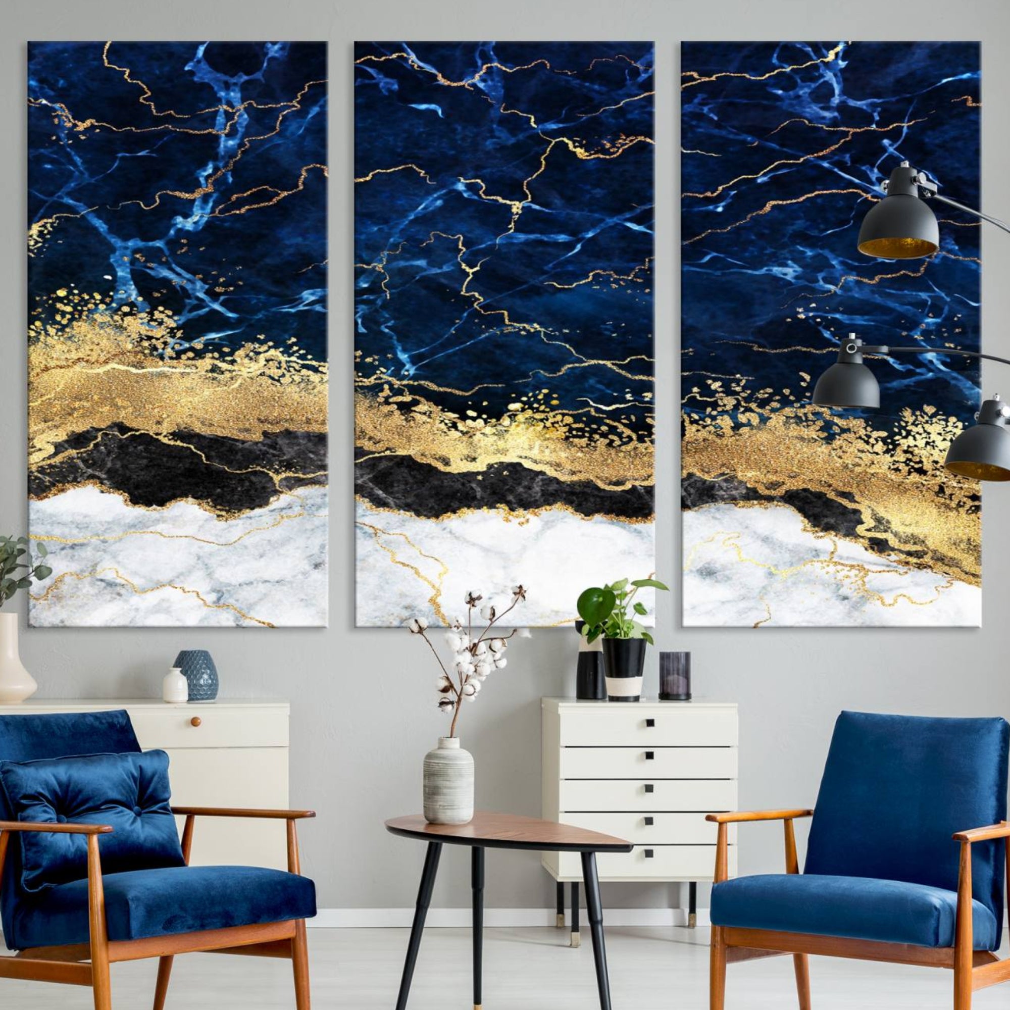62286-MGV-CV-36X24-Navy Blue Marble Fluid Effect Wall Art Abstract Canvas Wall Art Print
