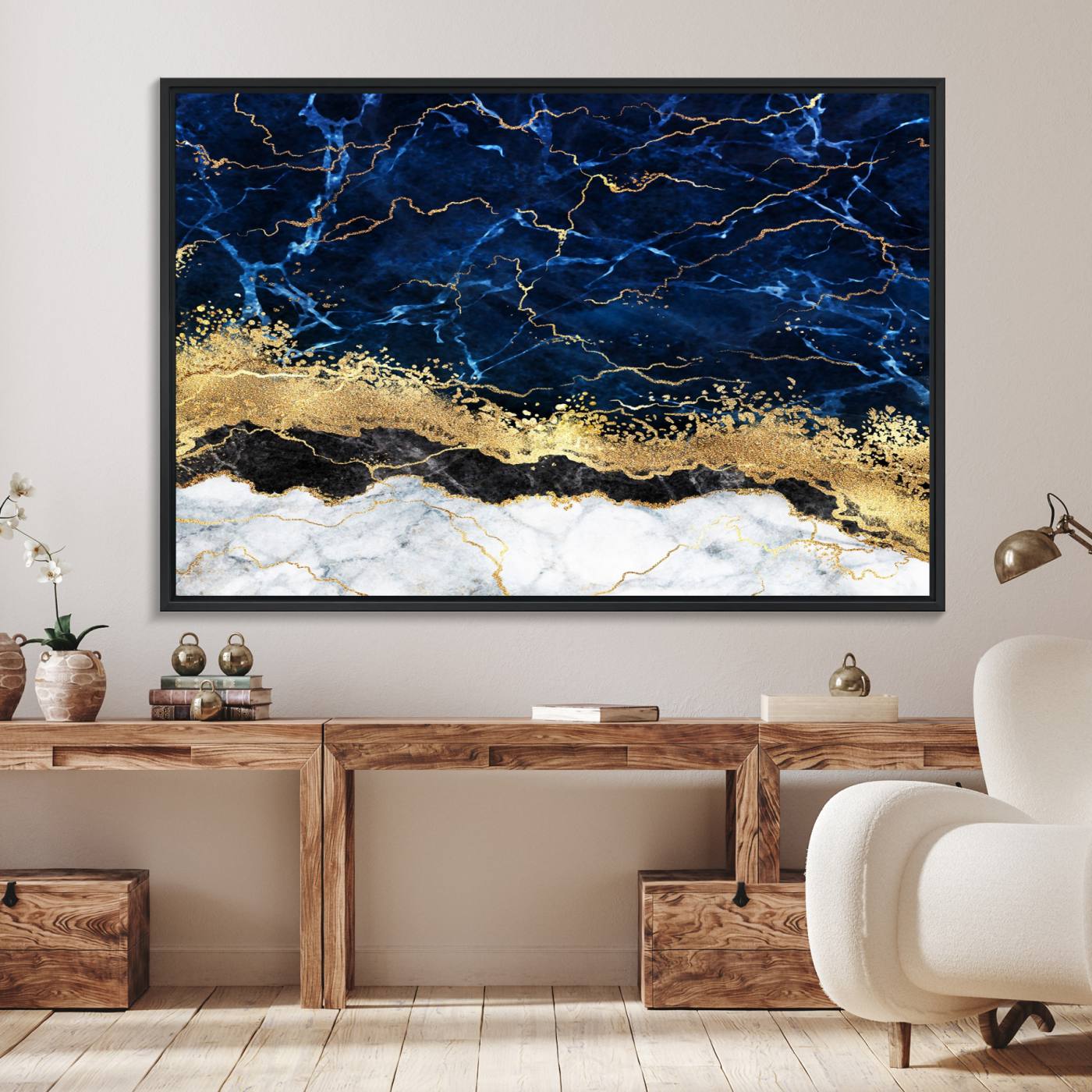 62286-MGV-FC-36X24_Black-Navy Blue Marble Fluid Effect Wall Art Abstract Canvas Wall Art Print