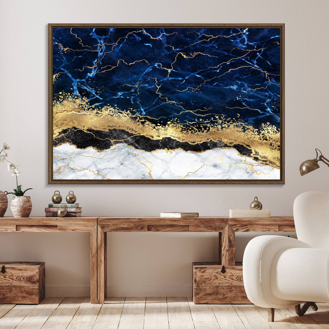 62286-MGV-FC-36X24_Walnut-Navy Blue Marble Fluid Effect Wall Art Abstract Canvas Wall Art Print