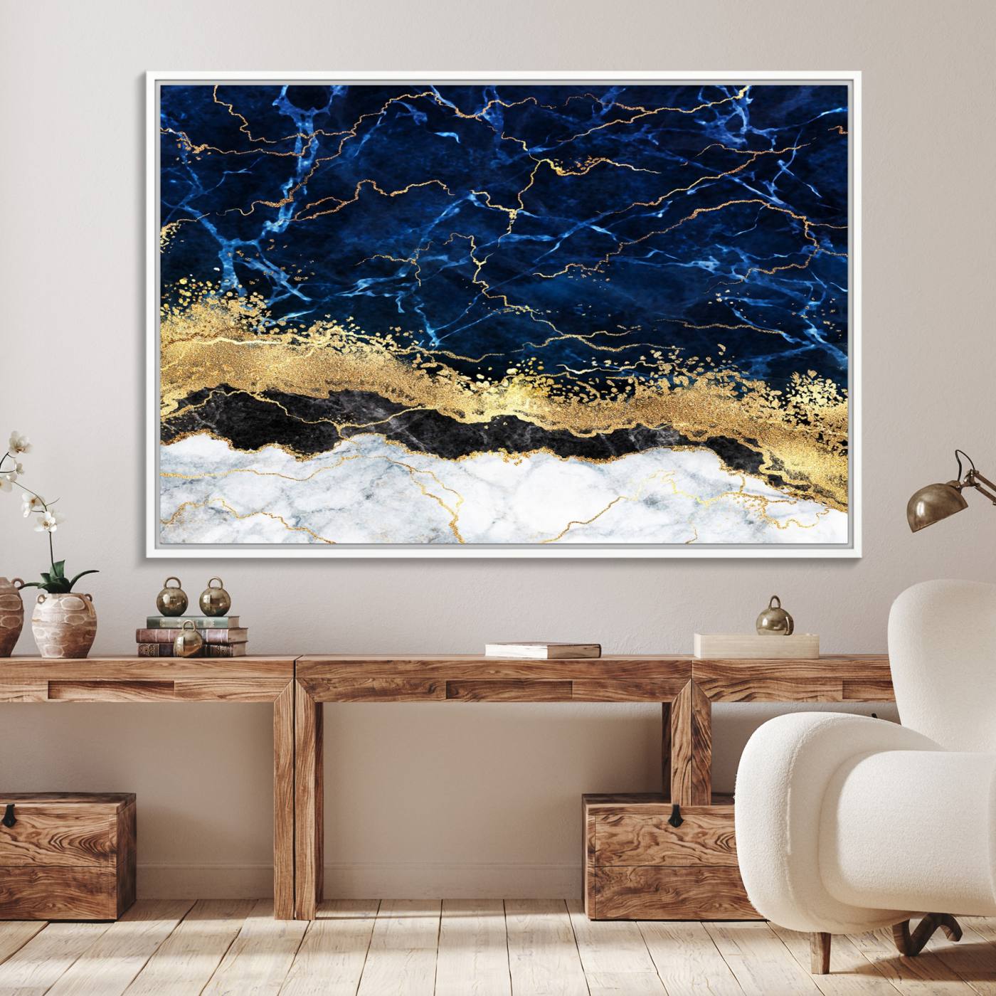 62286-MGV-FC-36X24_White-Navy Blue Marble Fluid Effect Wall Art Abstract Canvas Wall Art Print