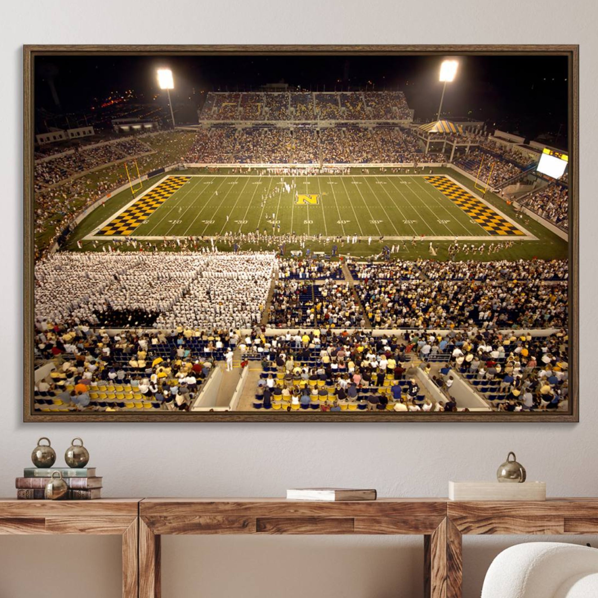 79918-MGV-FC-36X24_Walnut-Navy Midshipmen Football Team Print – Marine Corps Memorial Stadium Canvas Wall Art for Home, Office, Living Room