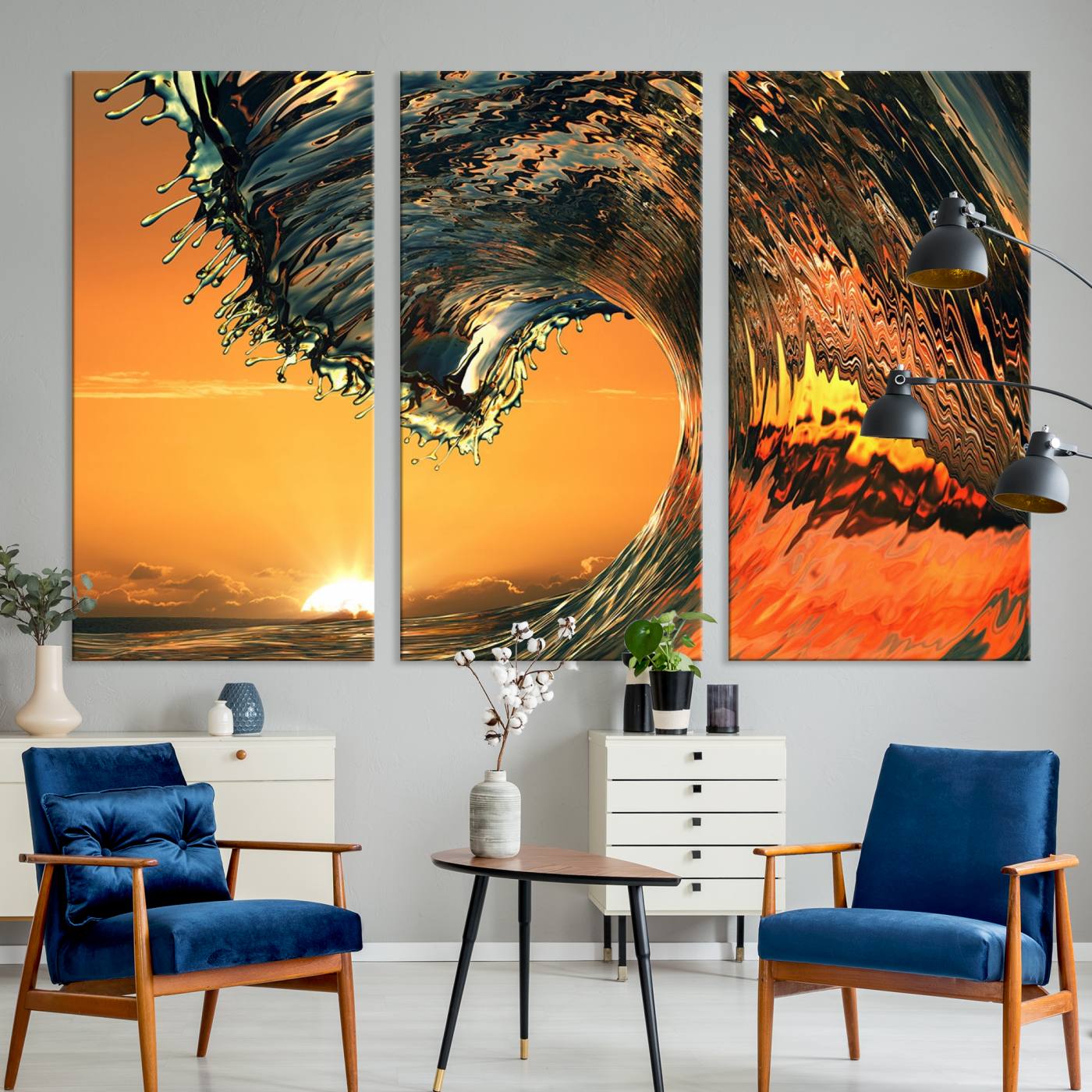 -Ocean Wave With Perfect Sunset Canvas Wall Art Print, Framed Ocean Sea Waves Canvas Print