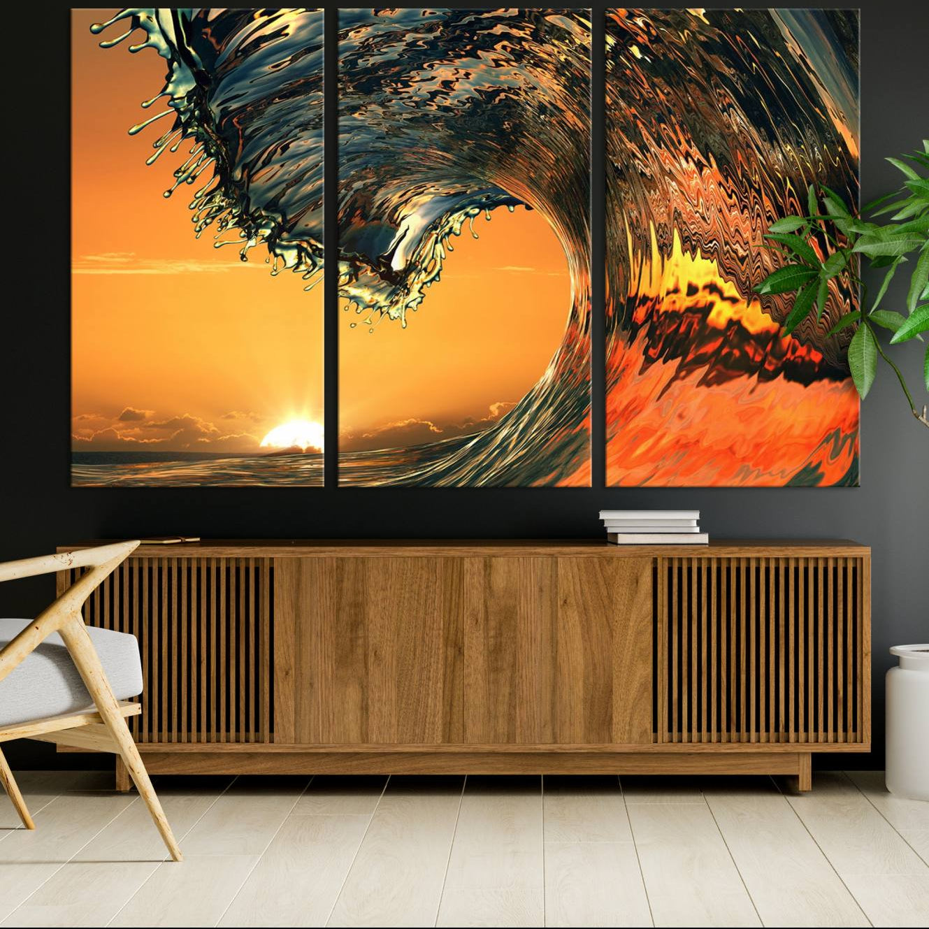 11964-MGV-CV-36X24-Ocean Wave With Perfect Sunset Canvas Wall Art Print, Framed Ocean Sea Waves Canvas Print