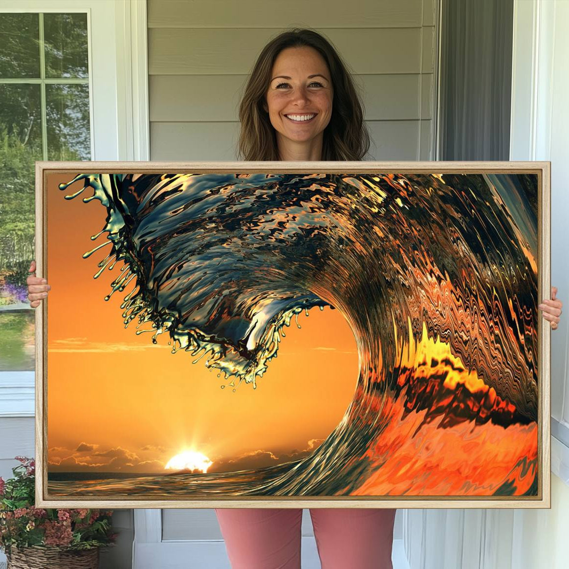 11964-MGV-CV-36X24-Ocean Wave With Perfect Sunset Canvas Wall Art Print, Framed Ocean Sea Waves Canvas Print