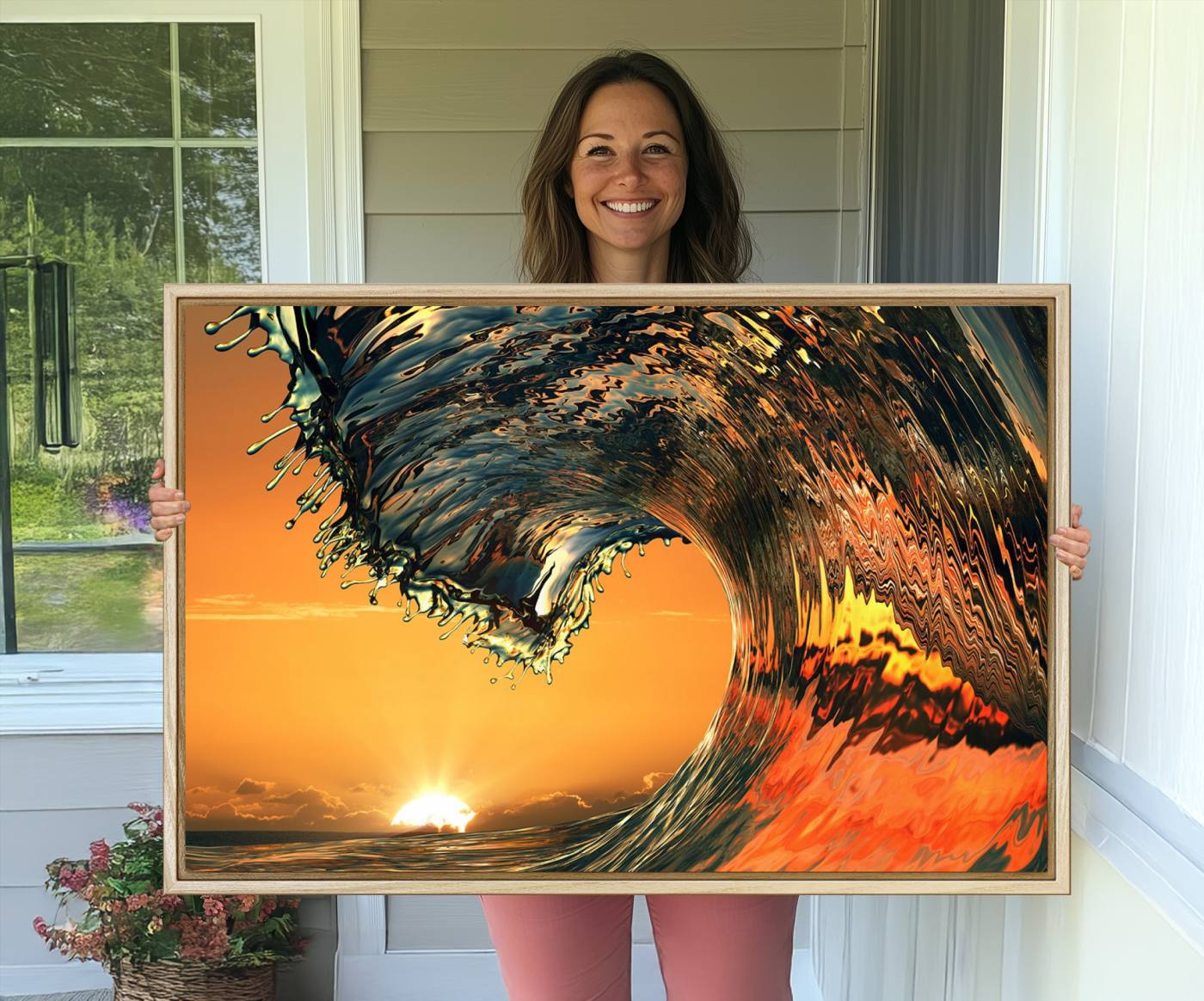 -Ocean Wave With Perfect Sunset Canvas Wall Art Print, Framed Ocean Sea Waves Canvas Print