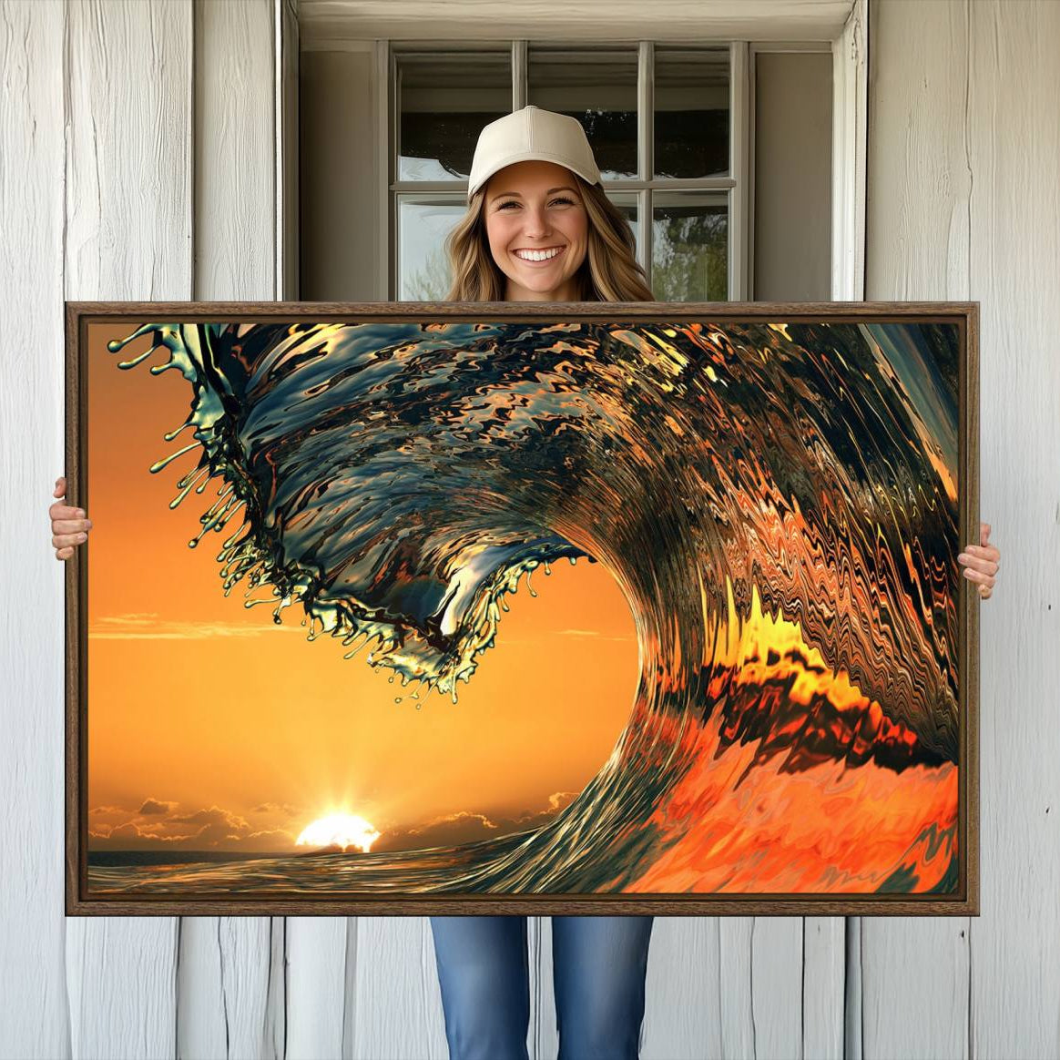 11964-MGV-CV-36X24-Ocean Wave With Perfect Sunset Canvas Wall Art Print, Framed Ocean Sea Waves Canvas Print