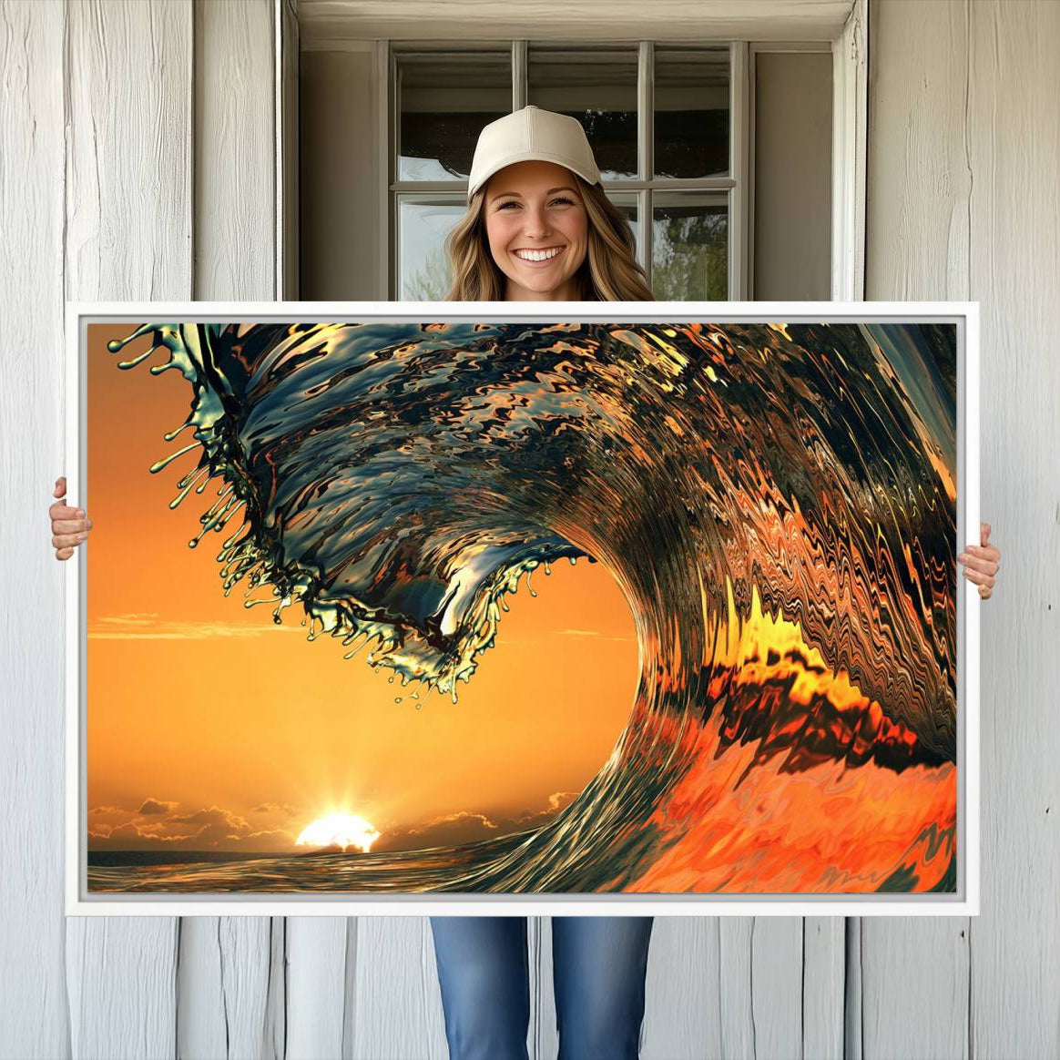 11964-MGV-CV-36X24-Ocean Wave With Perfect Sunset Canvas Wall Art Print, Framed Ocean Sea Waves Canvas Print