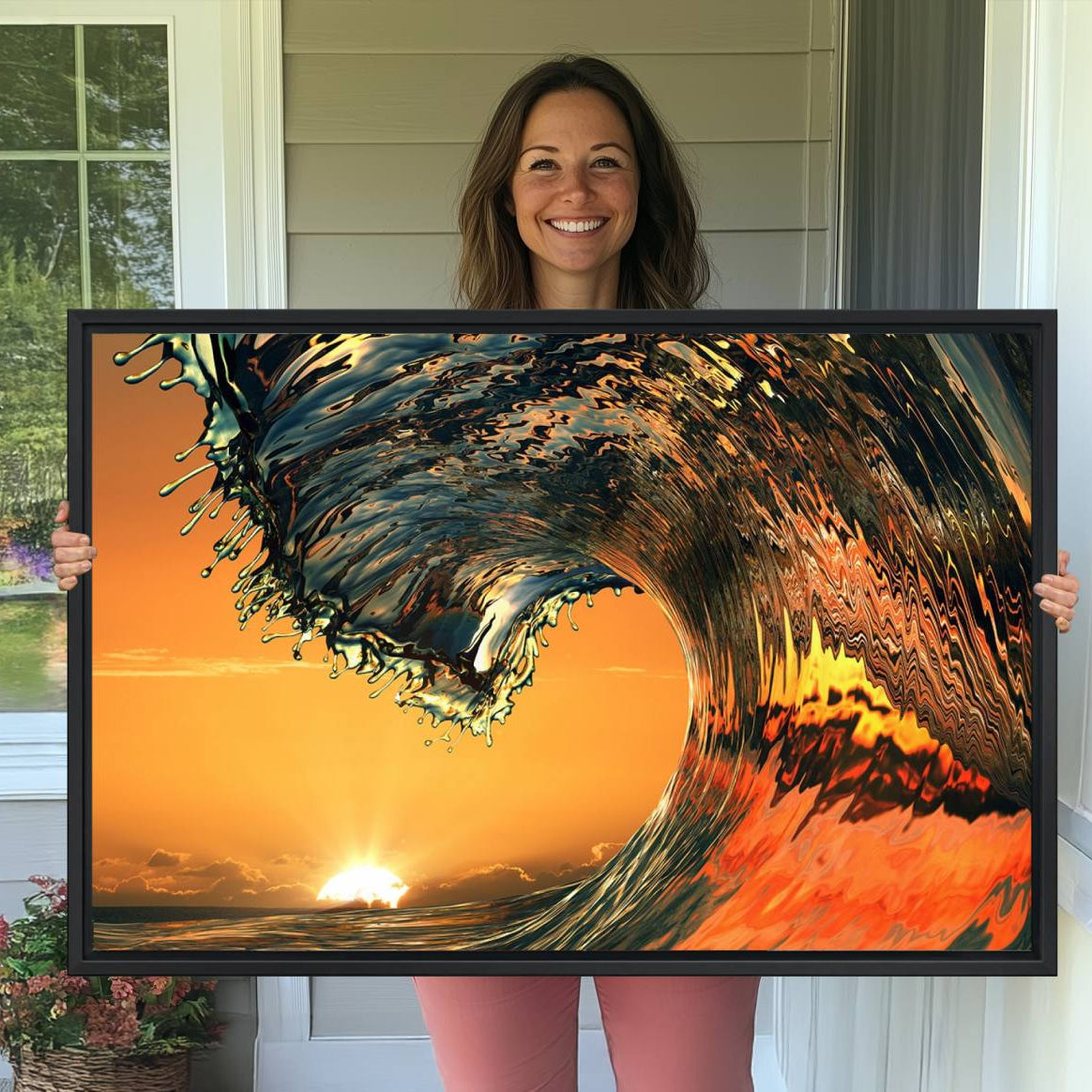 11964-MGV-CV-36X24-Ocean Wave With Perfect Sunset Canvas Wall Art Print, Framed Ocean Sea Waves Canvas Print