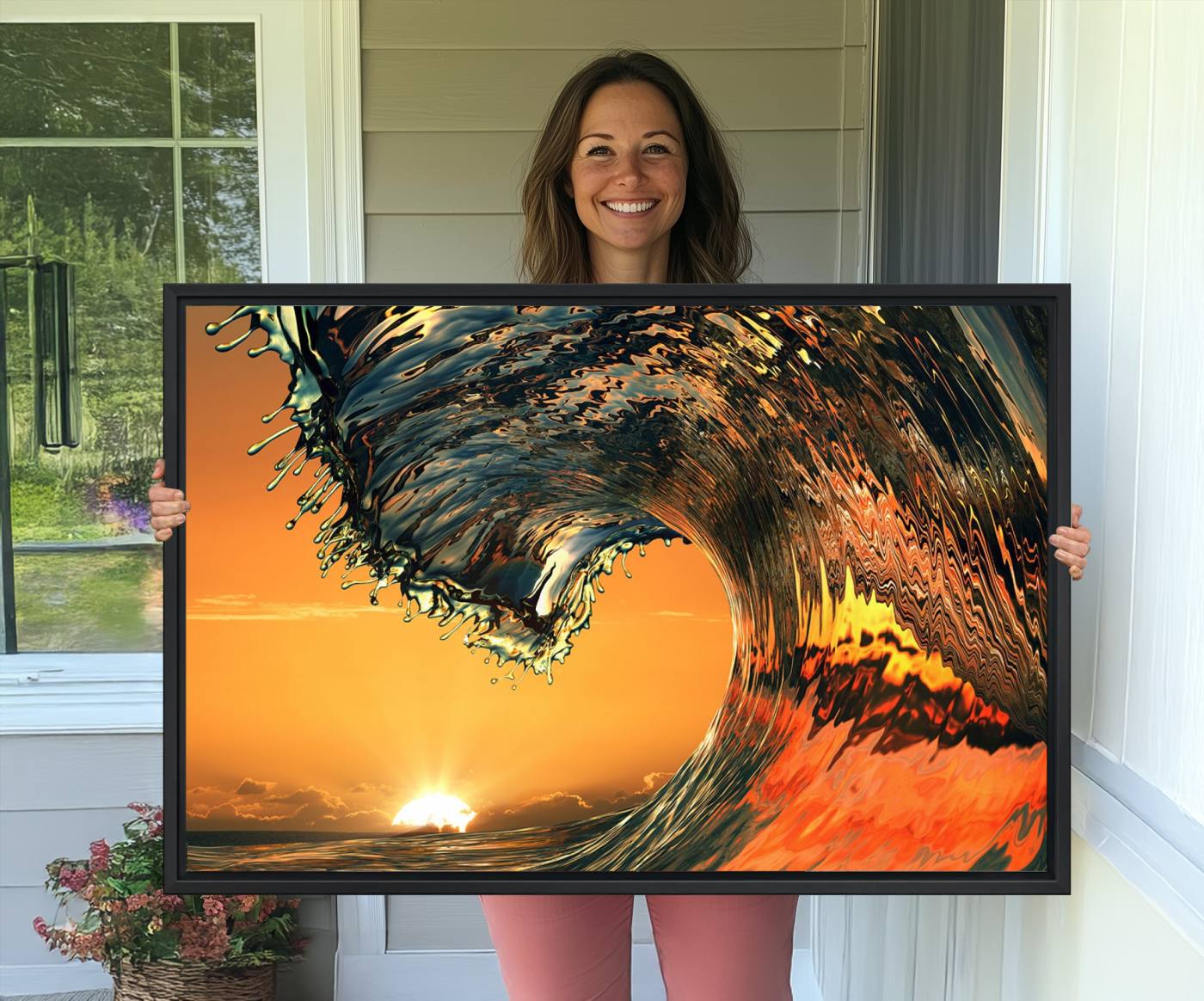 -Ocean Wave With Perfect Sunset Canvas Wall Art Print, Framed Ocean Sea Waves Canvas Print