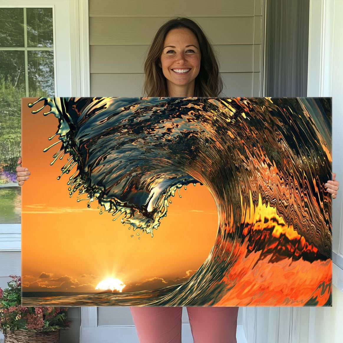 11964-MGV-CV-36X24-Ocean Wave With Perfect Sunset Canvas Wall Art Print, Framed Ocean Sea Waves Canvas Print