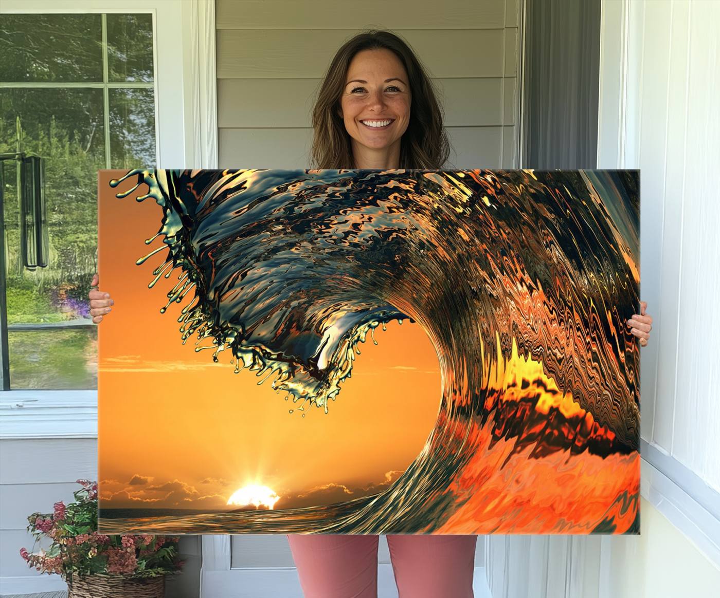 11964-MGV-CV-36X24-Ocean Wave With Perfect Sunset Canvas Wall Art Print, Framed Ocean Sea Waves Canvas Print