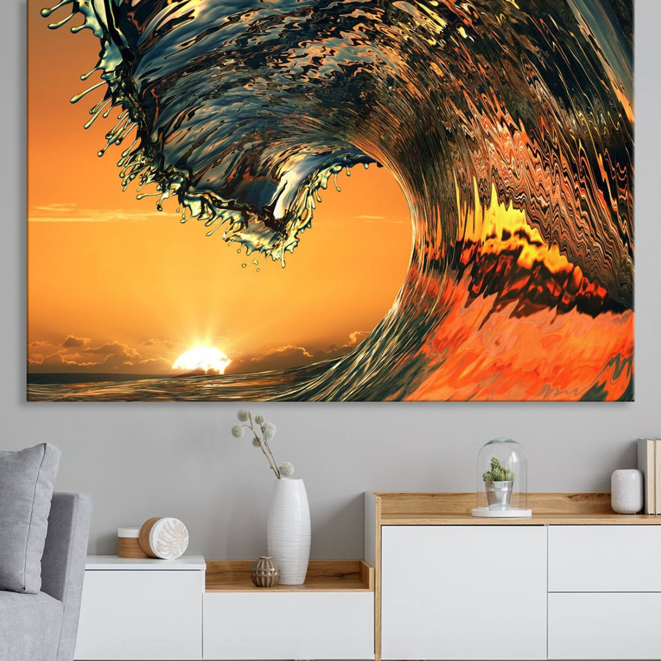 11964-MGV-CV-36X24-Ocean Wave With Perfect Sunset Canvas Wall Art Print, Framed Ocean Sea Waves Canvas Print