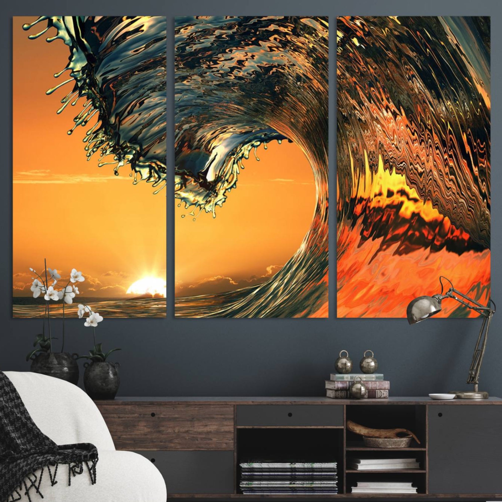 11964-MGV-CV-48X32-3P-Ocean Wave With Perfect Sunset Canvas Wall Art Print, Framed Ocean Sea Waves Canvas Print