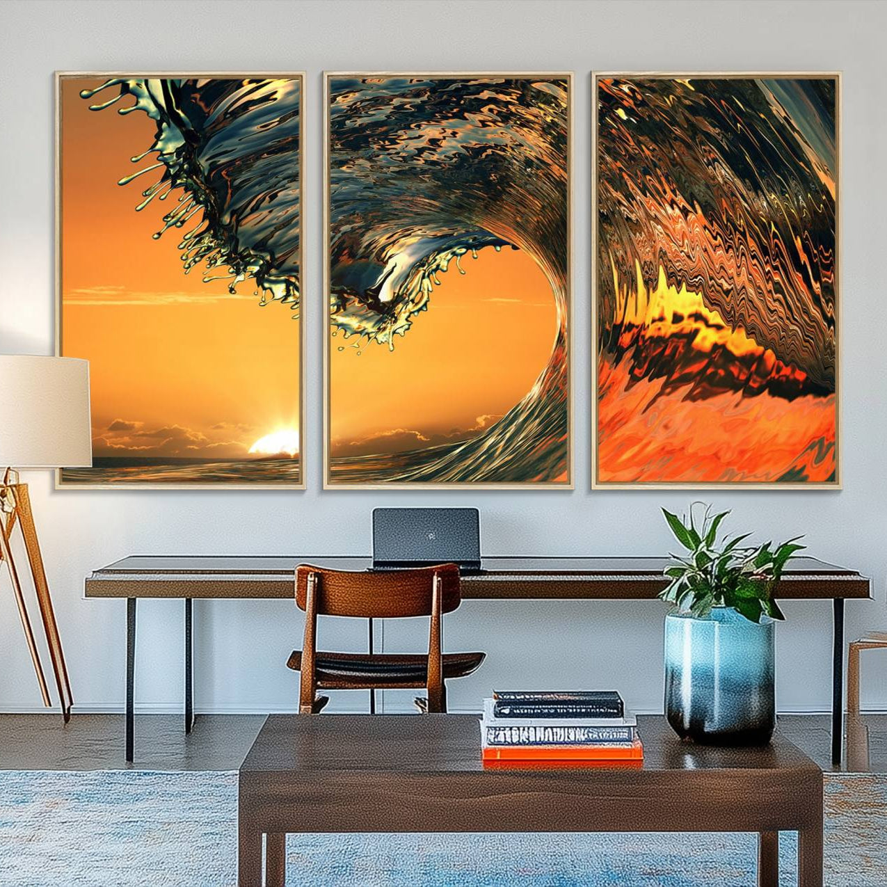11964-MGV-FC-48X32-3P_Natural-Ocean Wave With Perfect Sunset Canvas Wall Art Print, Framed Ocean Sea Waves Canvas Print