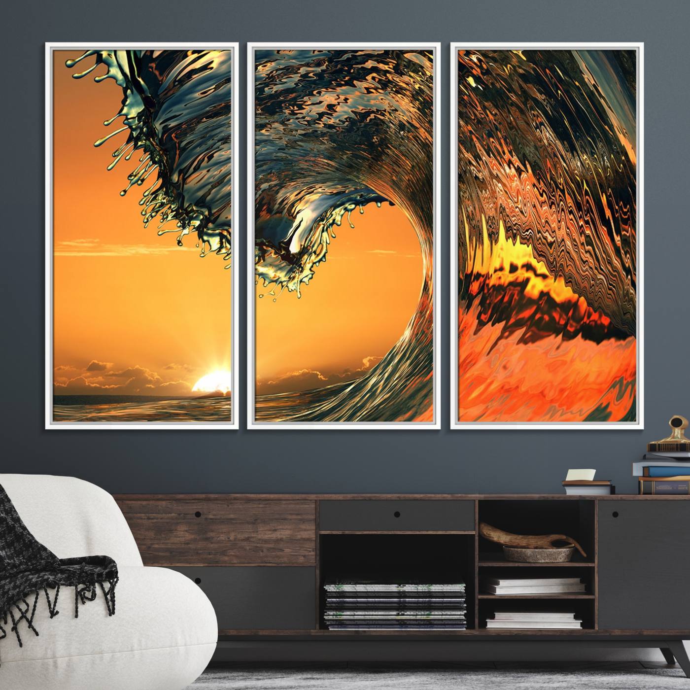 11964-MGV-FC-48X32-3P_White-Ocean Wave With Perfect Sunset Canvas Wall Art Print, Framed Ocean Sea Waves Canvas Print