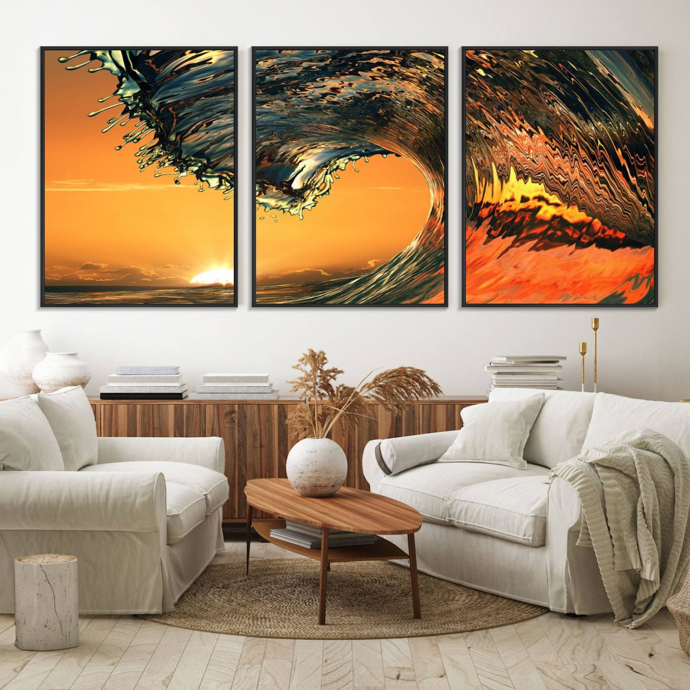 11964-MGV-FC-60X30-3P_Black-Ocean Wave With Perfect Sunset Canvas Wall Art Print, Framed Ocean Sea Waves Canvas Print