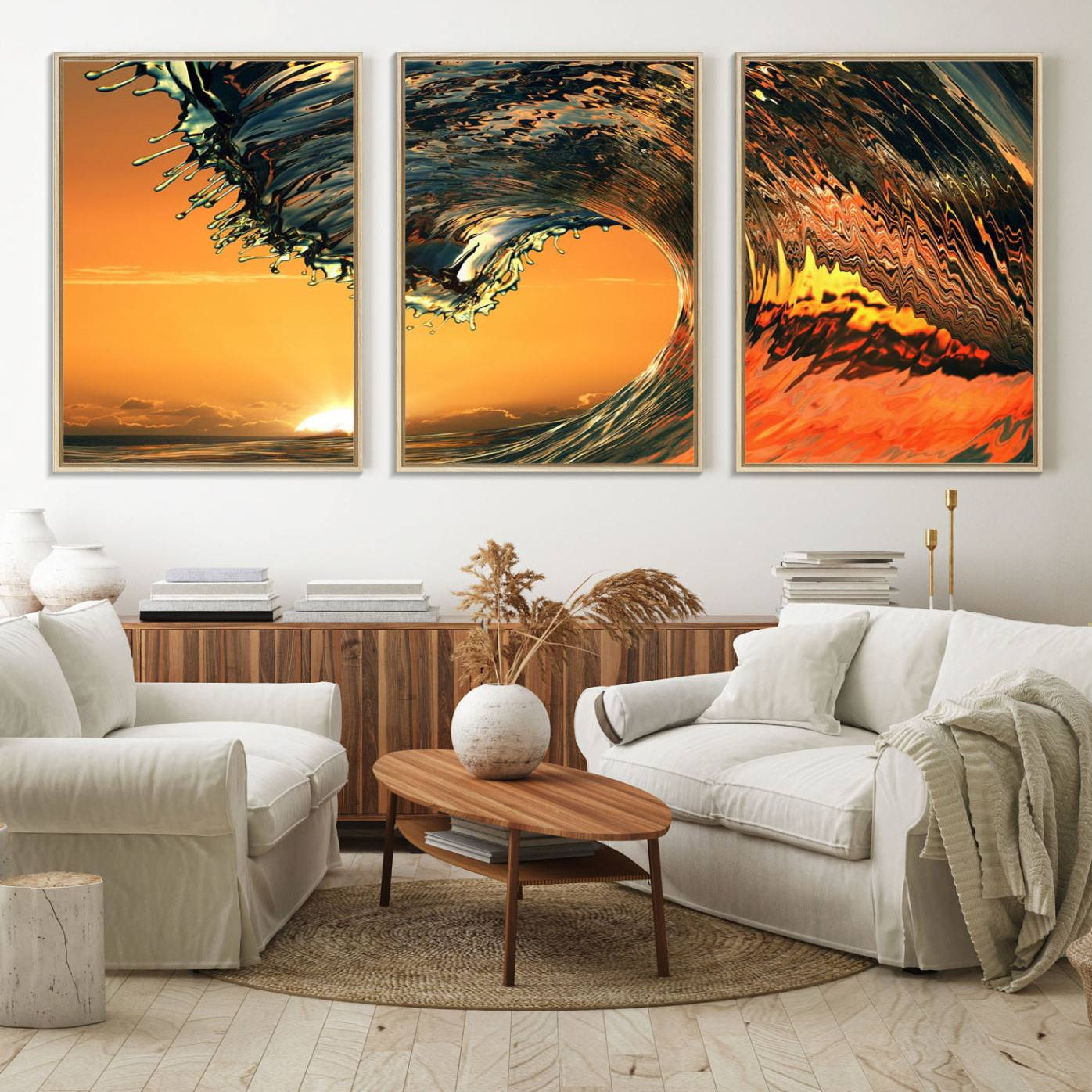 11964-MGV-FC-60X30-3P_Natural-Ocean Wave With Perfect Sunset Canvas Wall Art Print, Framed Ocean Sea Waves Canvas Print