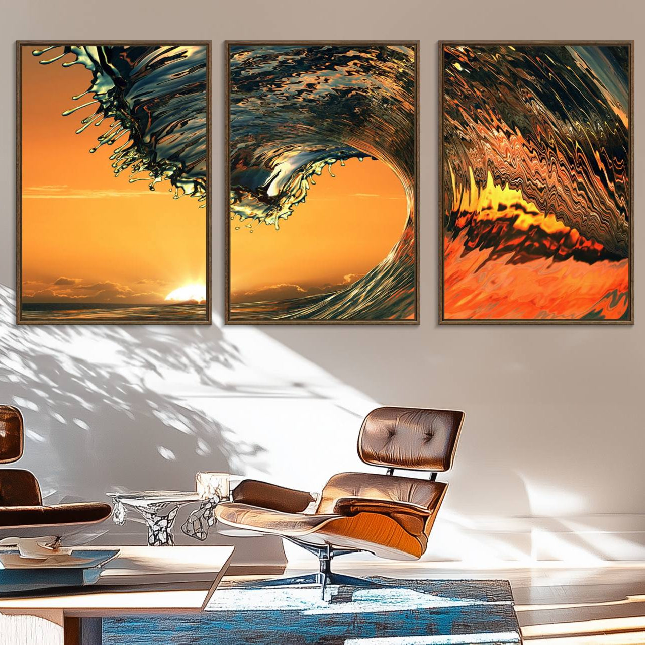 11964-MGV-FC-60X30-3P_Walnut-Ocean Wave With Perfect Sunset Canvas Wall Art Print, Framed Ocean Sea Waves Canvas Print