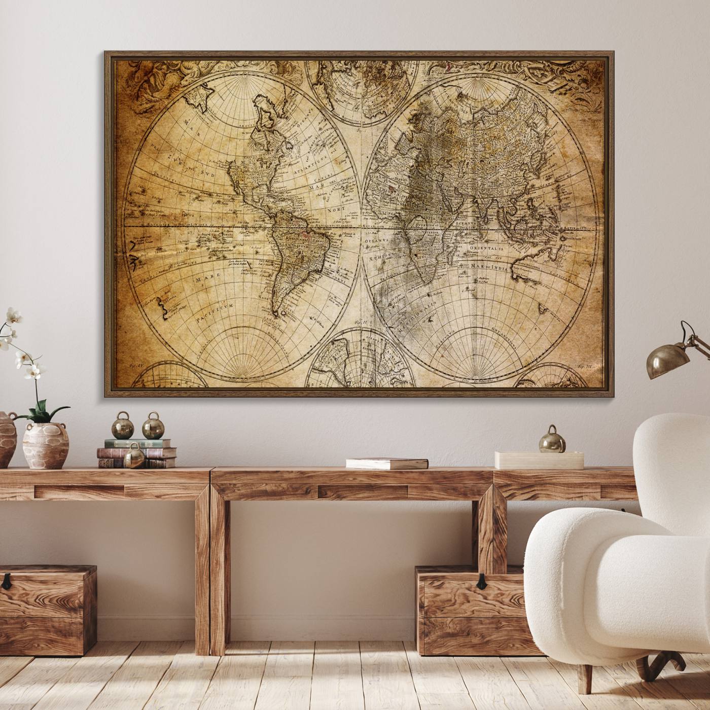 75053-MGV-FC-36X24_Walnut-Push Pin World Map Canvas Print – Framed Wall Art for Couples to Track Their Travels – Anniversary