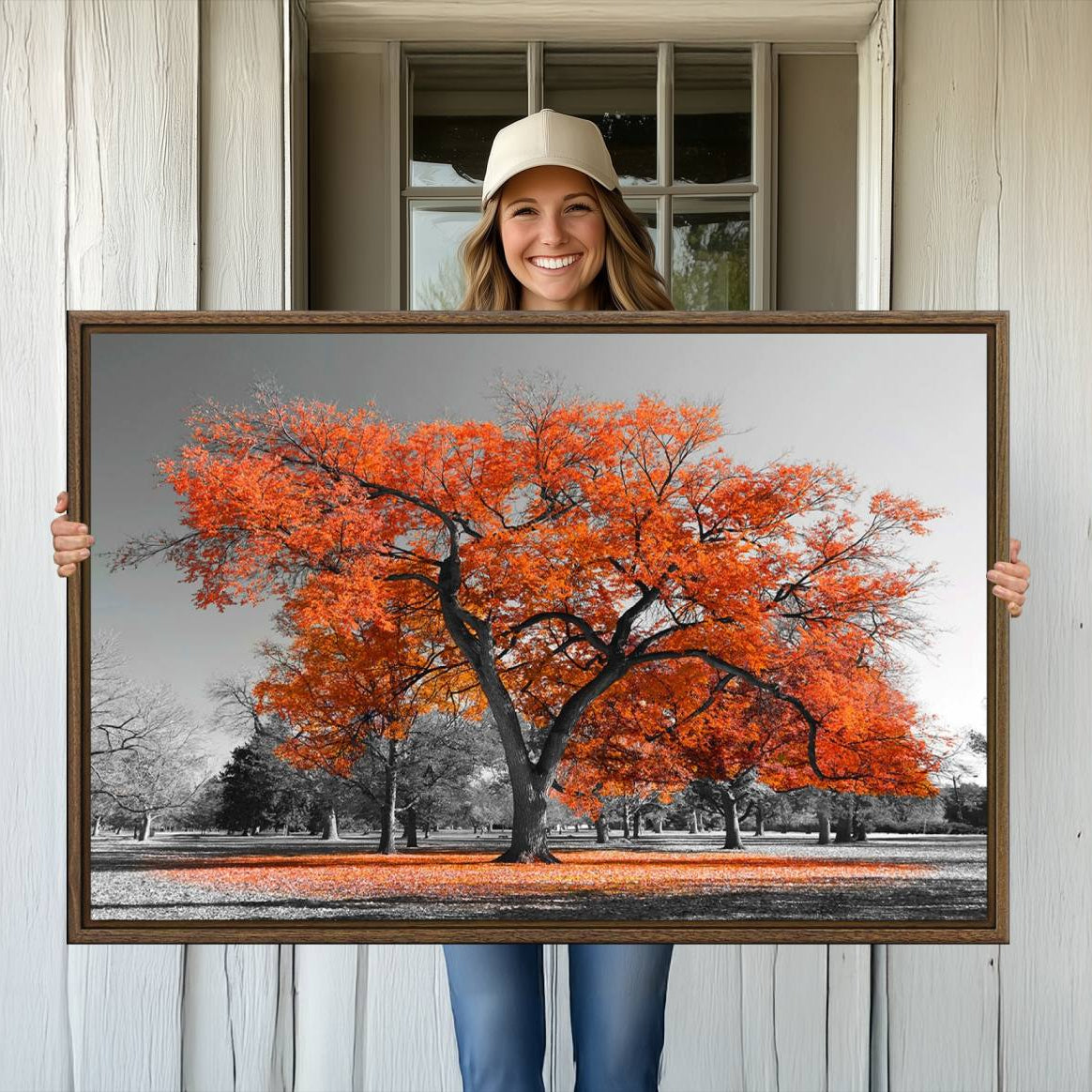 -Orange Autumn Tree Canvas Wall Art Print