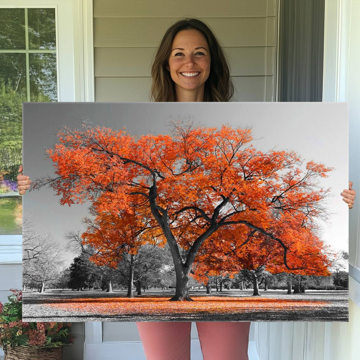 71922-MGV-CV-36X24-Orange Autumn Tree Wall Art Canvas Print – Framed Vibrant Fall Foliage Scene Artwork for Home, Office, Living Room Decor