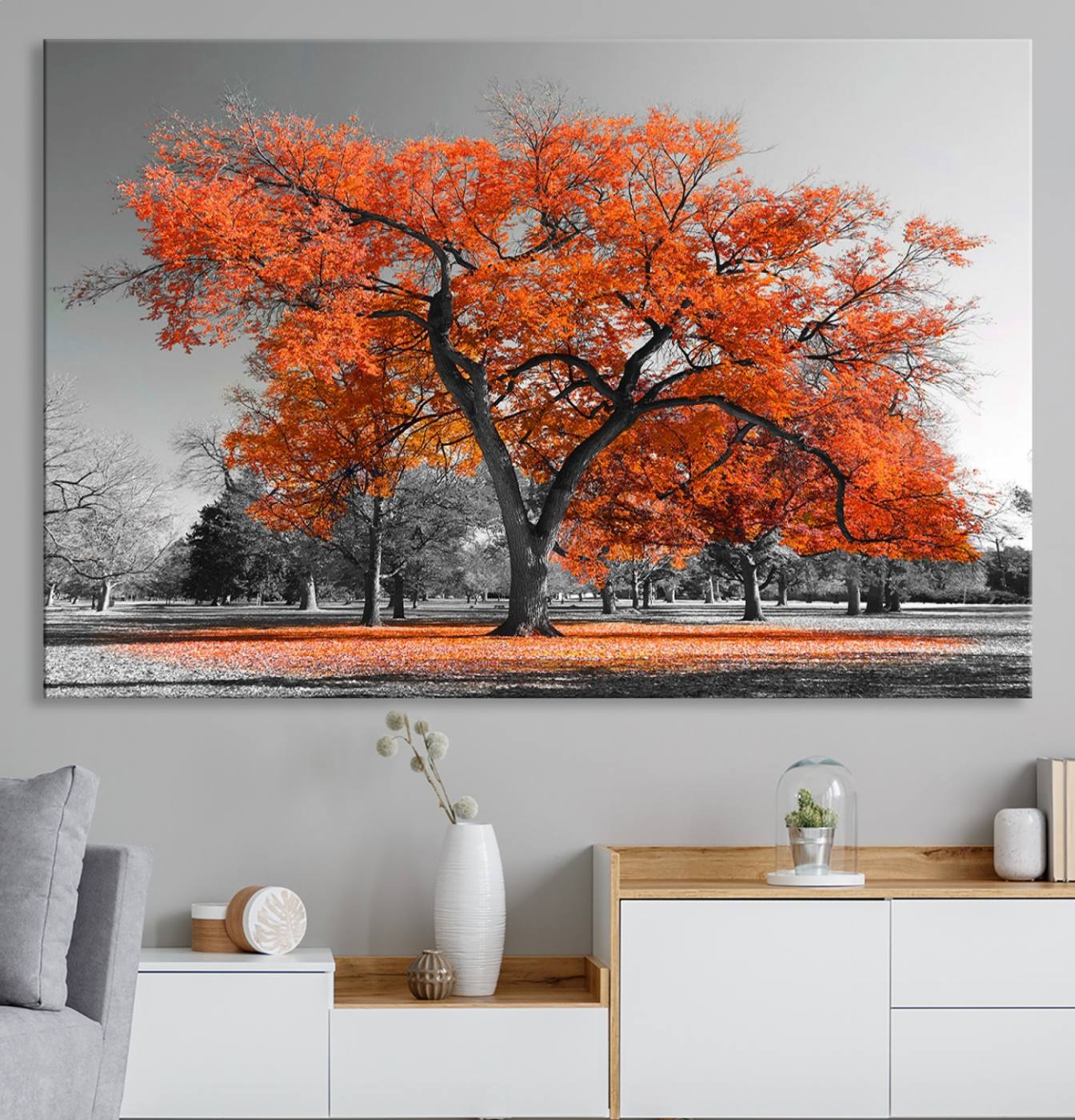 71922-MGV-CV-36X24-Orange Autumn Tree Wall Art Canvas Print – Framed Vibrant Fall Foliage Scene Artwork for Home, Office, Living Room Decor
