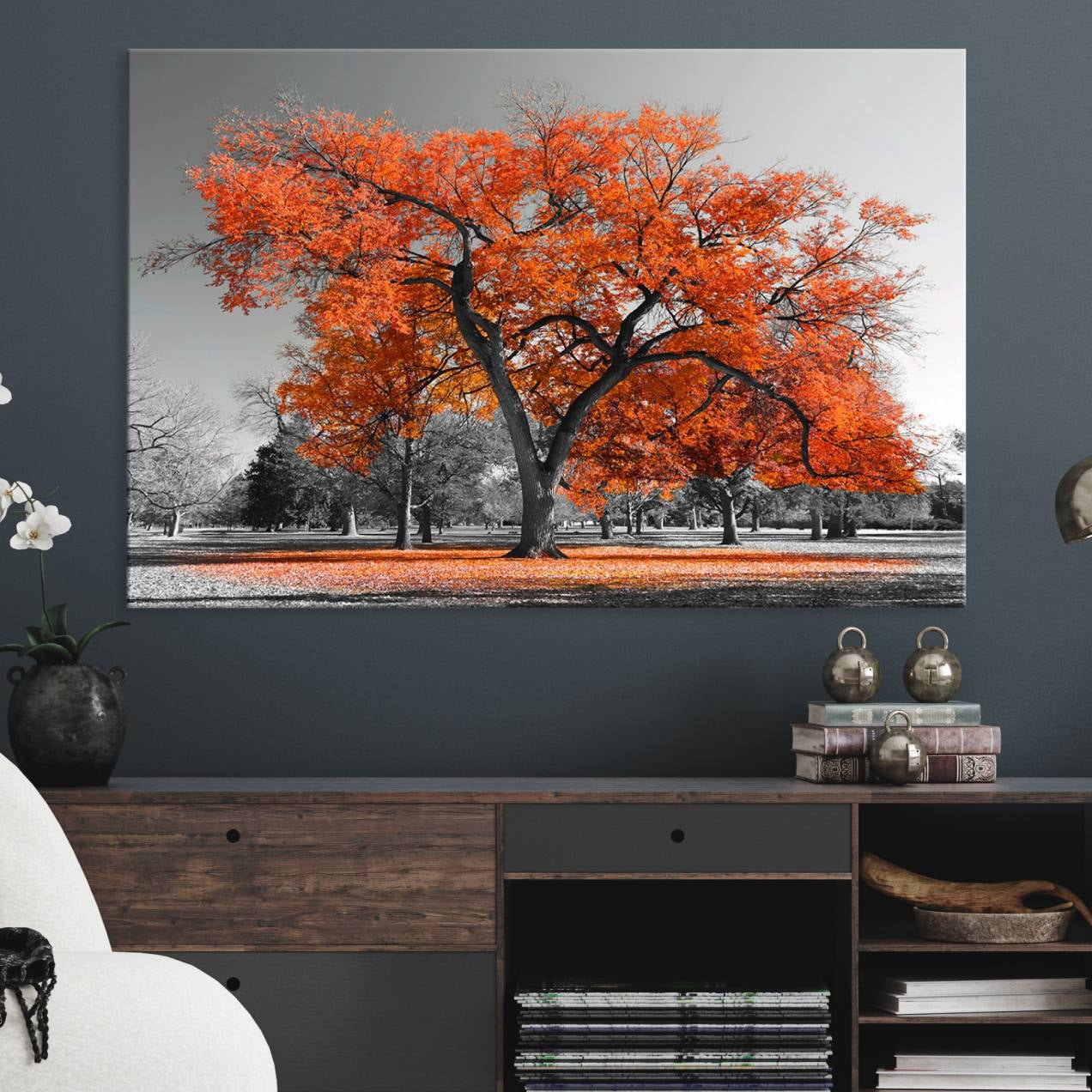 71922-MGV-CV-36X24-Orange Autumn Tree Wall Art Canvas Print – Framed Vibrant Fall Foliage Scene Artwork for Home, Office, Living Room Decor