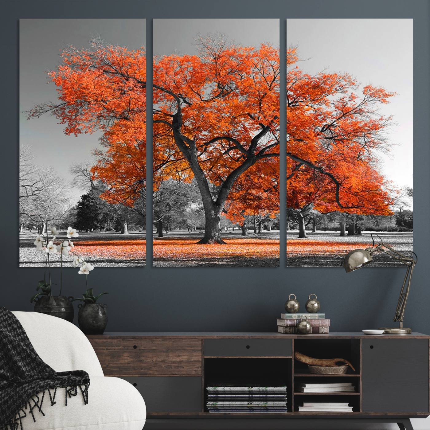 71922-MGV-CV-48X32-3P-Orange Autumn Tree Wall Art Canvas Print – Framed Vibrant Fall Foliage Scene Artwork for Home, Office, Living Room Decor